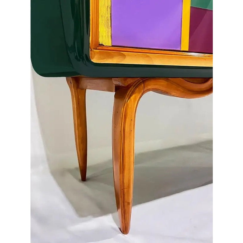 Italian Vintage Mondrian Style Green Orange Yellow Blue Glass 4-Door Sideboard