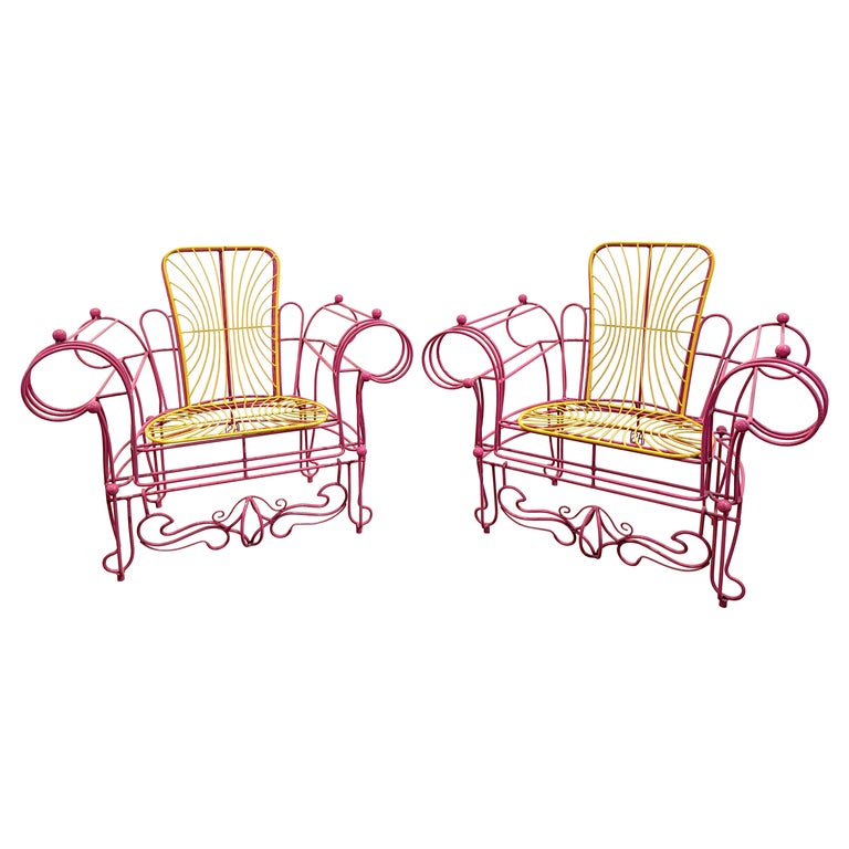 1990s Spazzapan Italian Pop Art Pair of Pink Yellow Metal Armchairs Sculptures