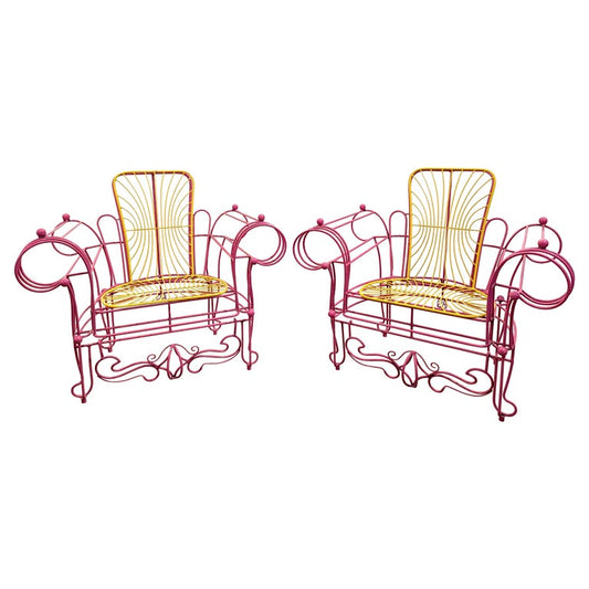 1990s Spazzapan Italian Pop Art Pair of Pink Yellow Metal Armchairs Sculptures