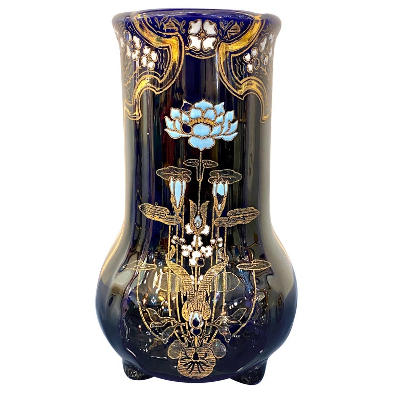Art Nouveau French Antique Ceramic Vase in Blue Majolica with White Gold Flowers