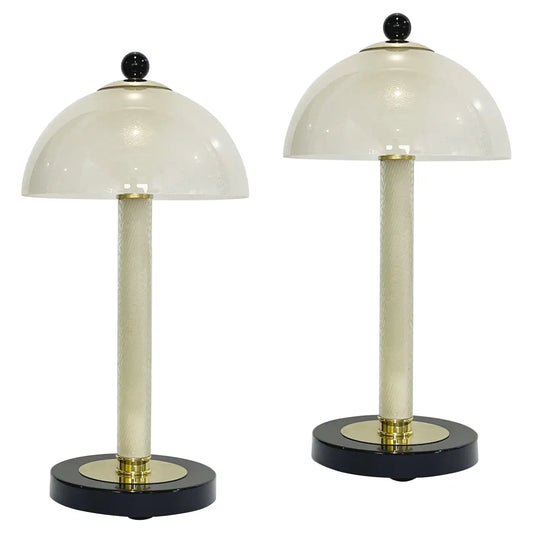 Italian Modern Pair of Art Deco Design Black White Gold Murano Glass Dome Lamps