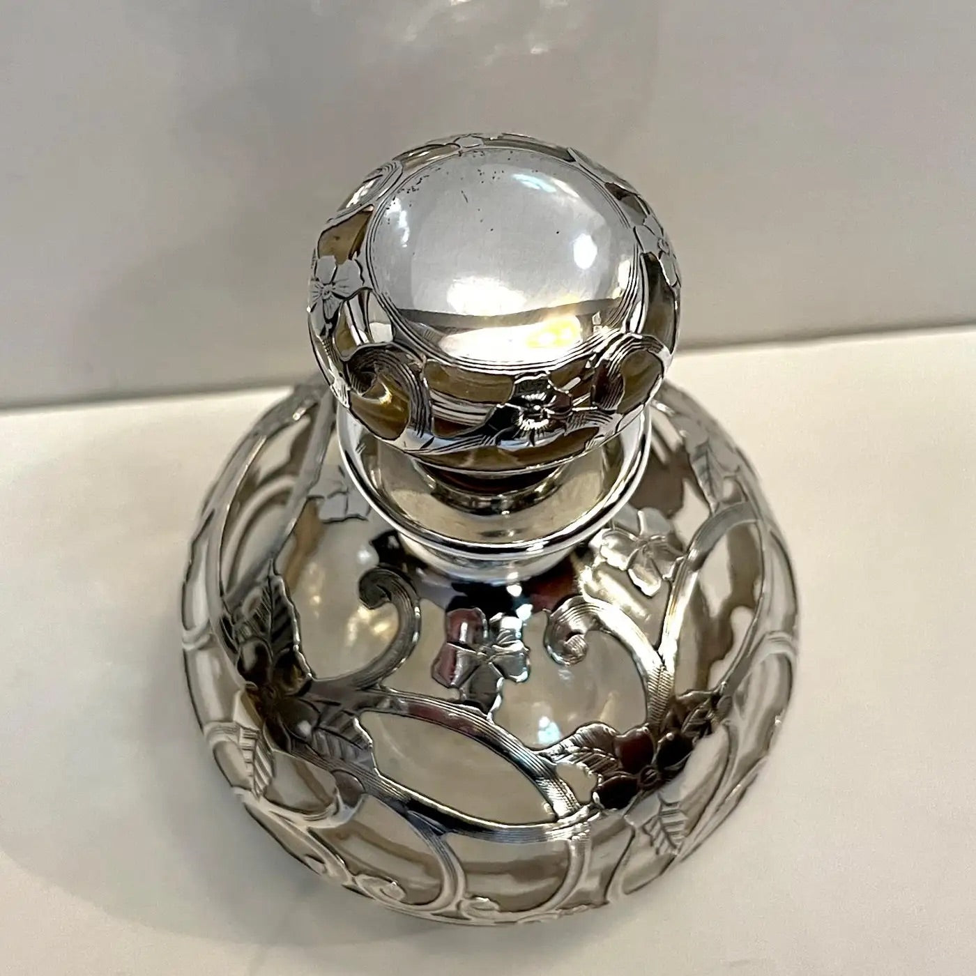 French Art Deco Sterling Silver Flower Overlay Crystal Glass Perfume Bottle