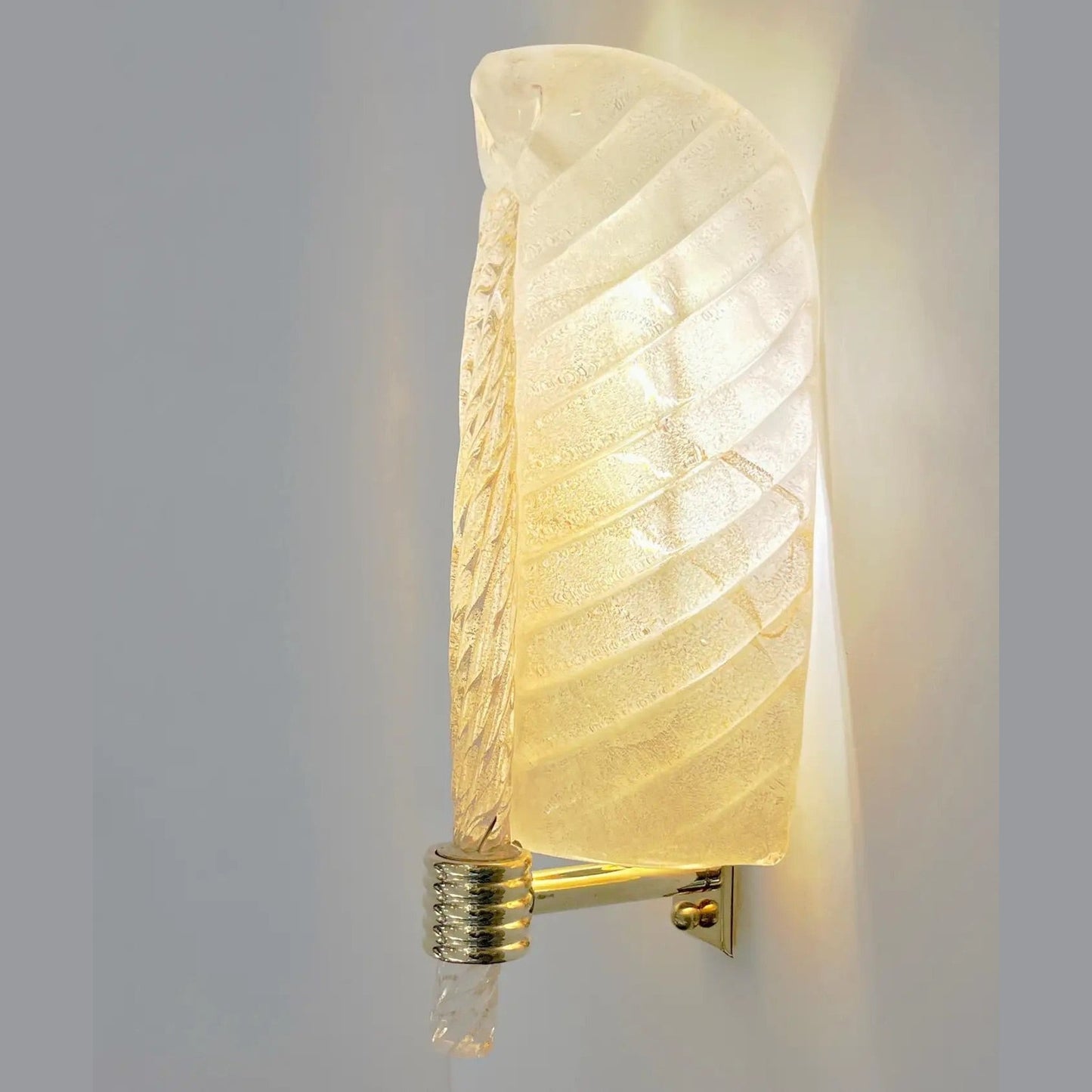Contemporary Italian Art Deco Pair Crystal Gold Murano Glass Brass Leaf Sconces