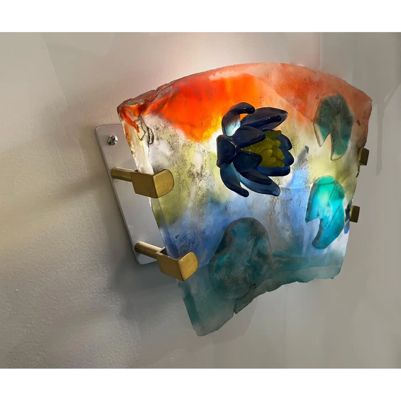 1950s Cenedese Italian Orange Blue Green Scavo Murano Glass Sconce