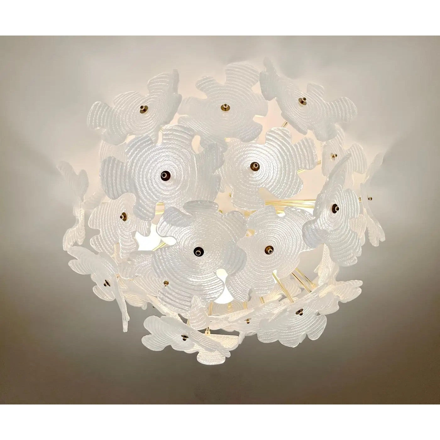 Contemporary Italian Brass & Satin White Murano Glass Flower Sputnik Flushmount