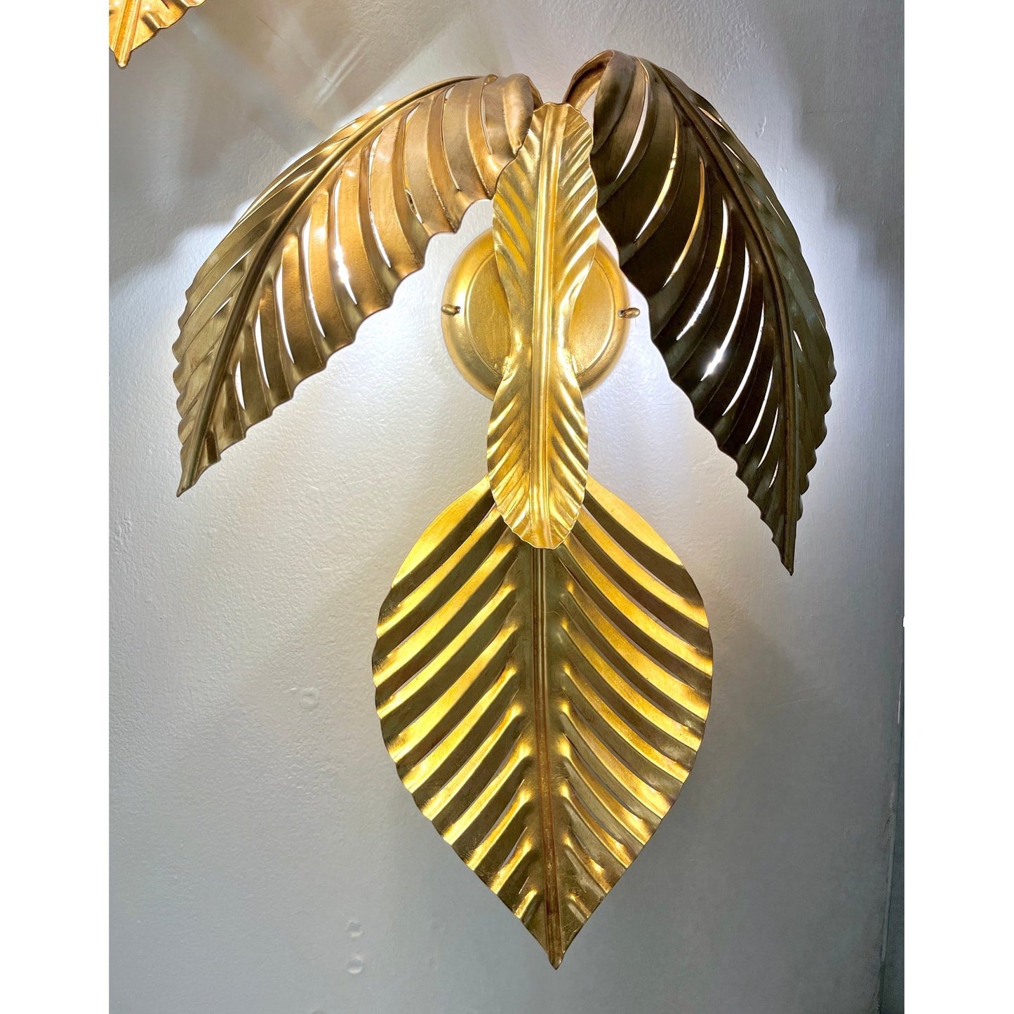 Contemporary Italian Art Deco Design Pair of Hand Made Gold Metal 3-Leaf Sconces