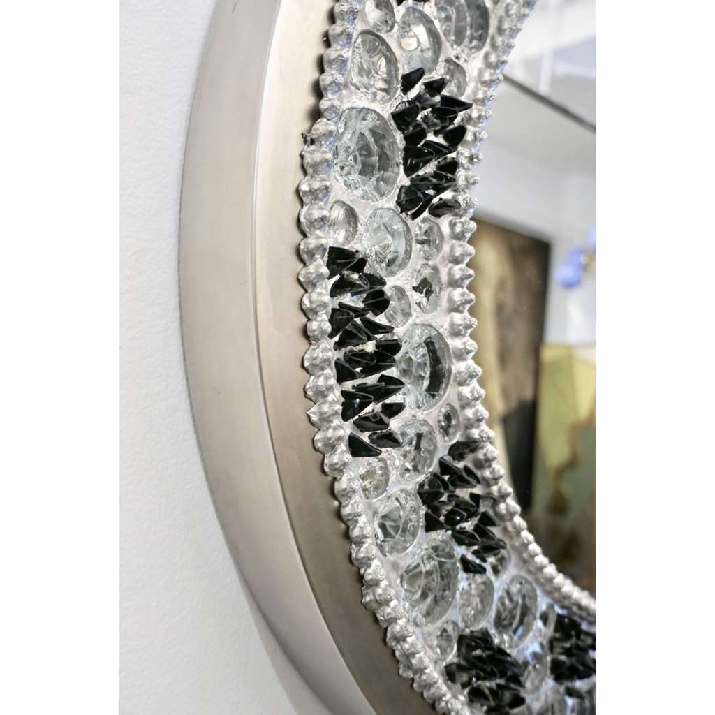 Contemporary Italian Lit Black & Clear Rock Crystal Nickel Round Wall Mirror