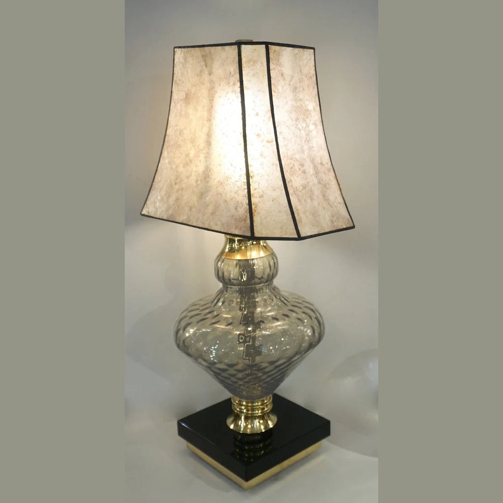 1980 Italian Vintage Pair of Smoked Murano Glass Lamps with Black & Brass Accent
