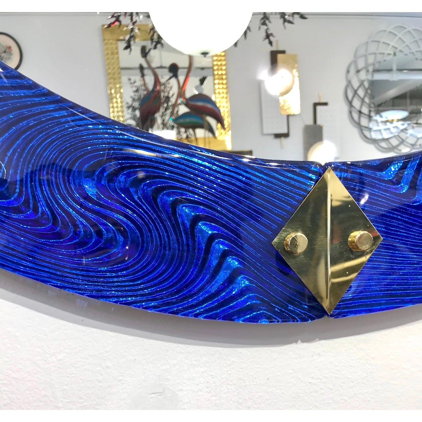 Bespoke Italian Custom Brass & Textured Cobalt Blue Murano Glass Round Mirror