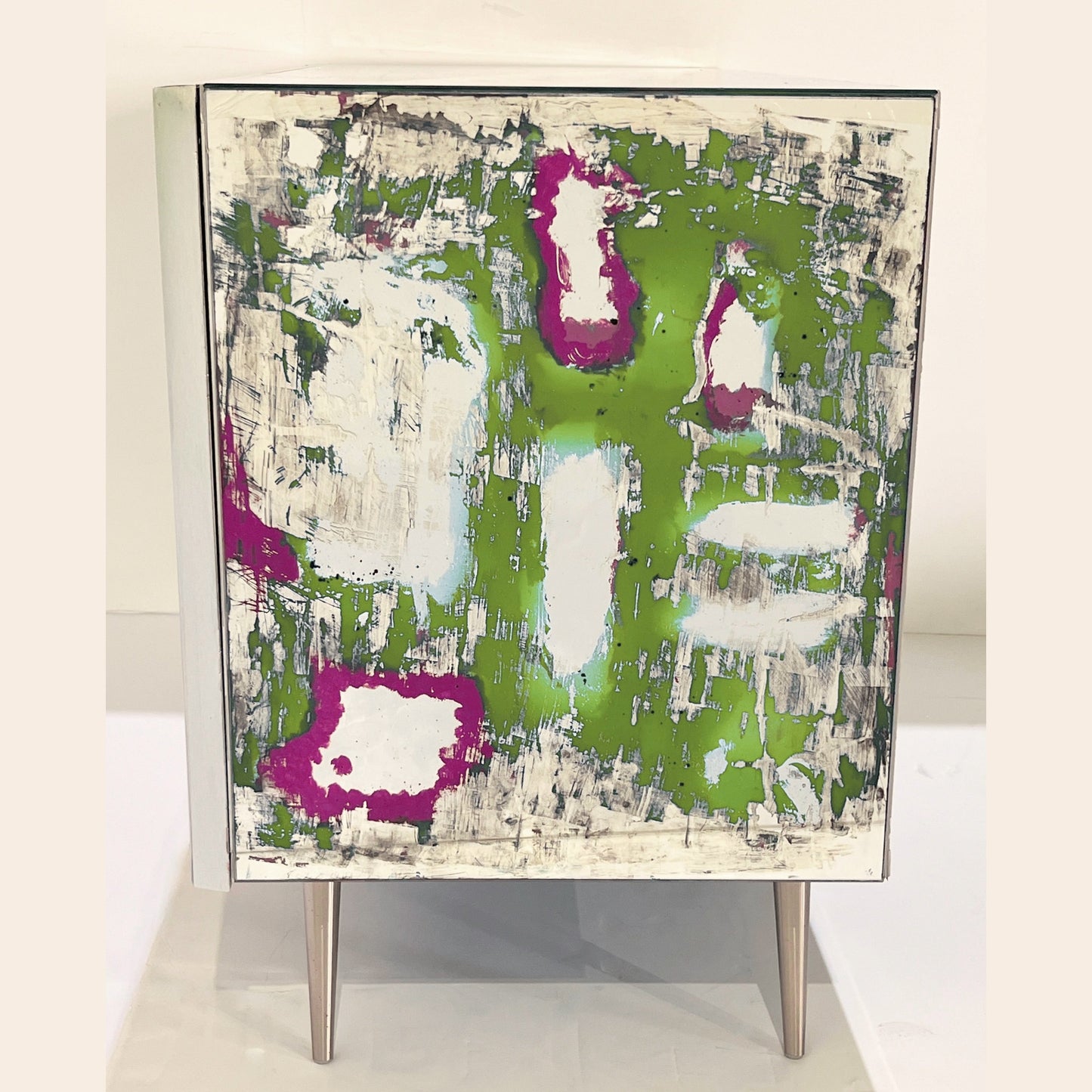 Italian Post Modern Abstract Art Green Purple Satin Nickel Finish Mirror Cabinet