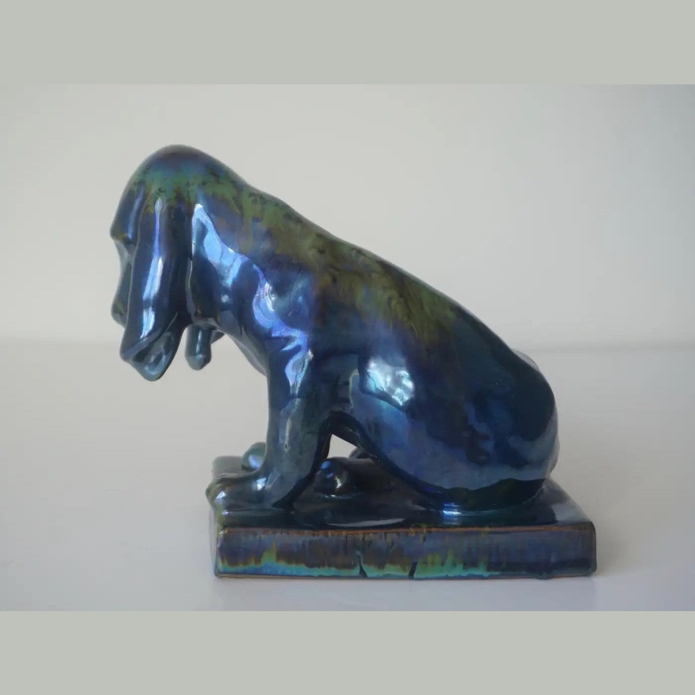 French Antique Pottery Art Nouveau Lustre Glaze Blue Green Dog Figure Sculpture