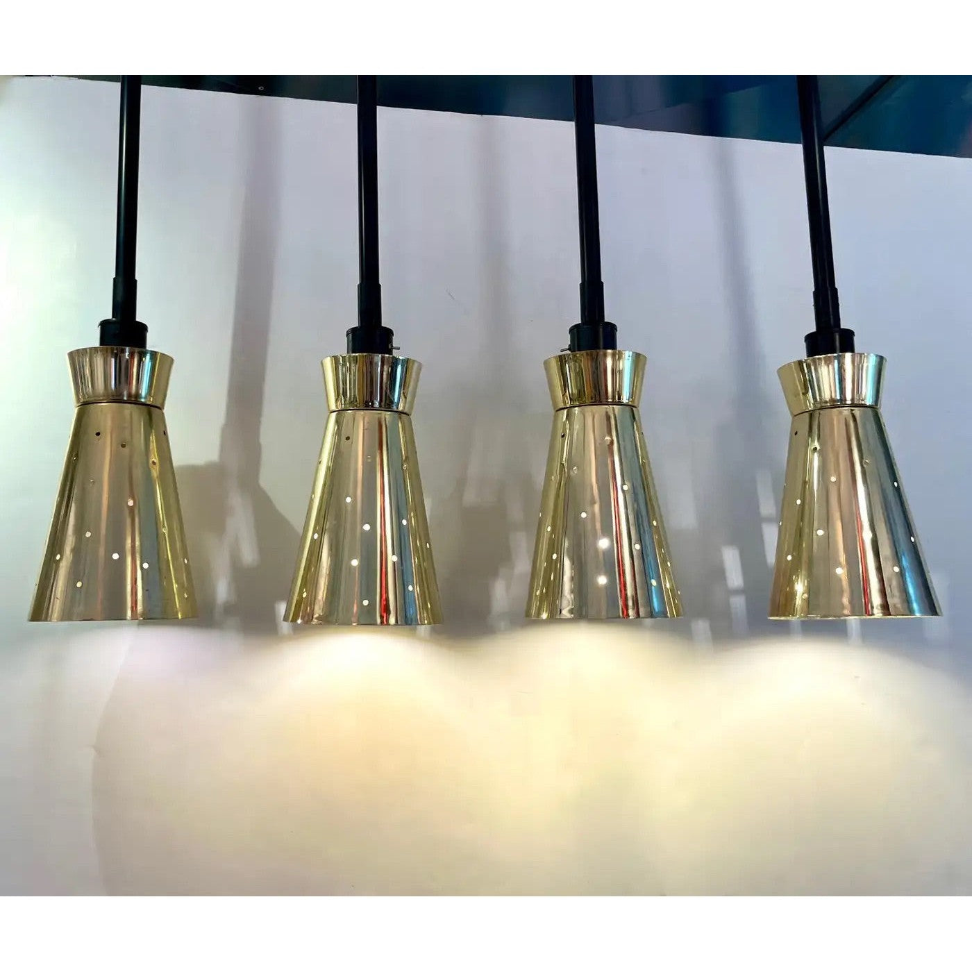 LUCI Set of 4 Italian Mid-Century Black & Perforated Brass Cone Pendant Lights