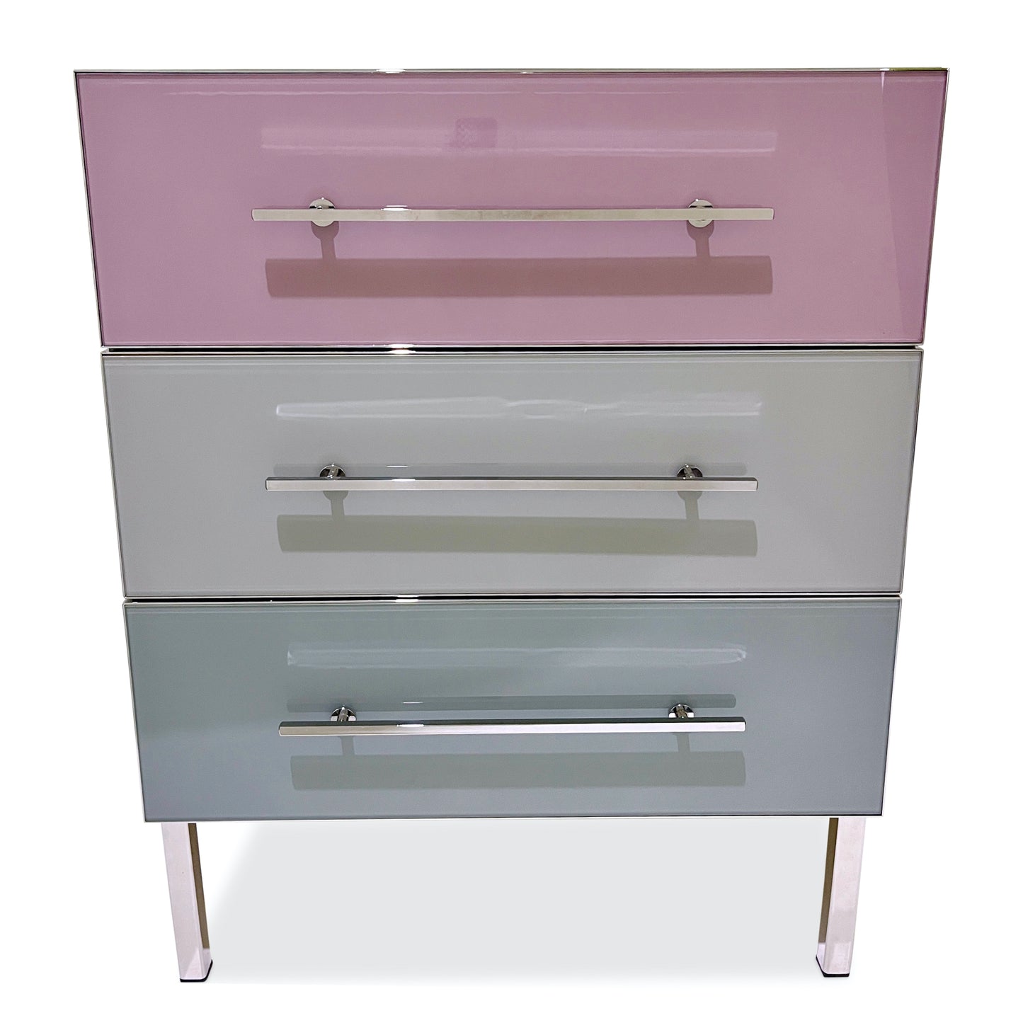 Bespoke Italian Post-Modern Pink Gray Glass 3-Drawer Nickel Chest Nightstand