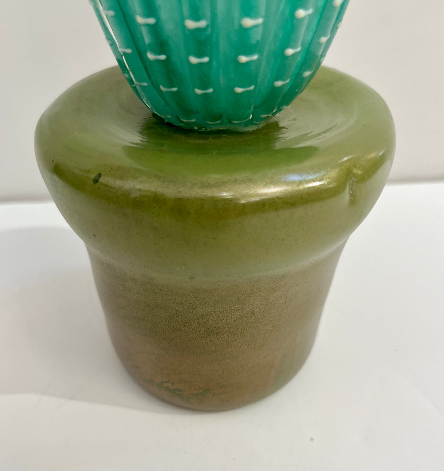 2000s Italian Moss Green Gold Murano Art Glass Cactus Plant with White Flower