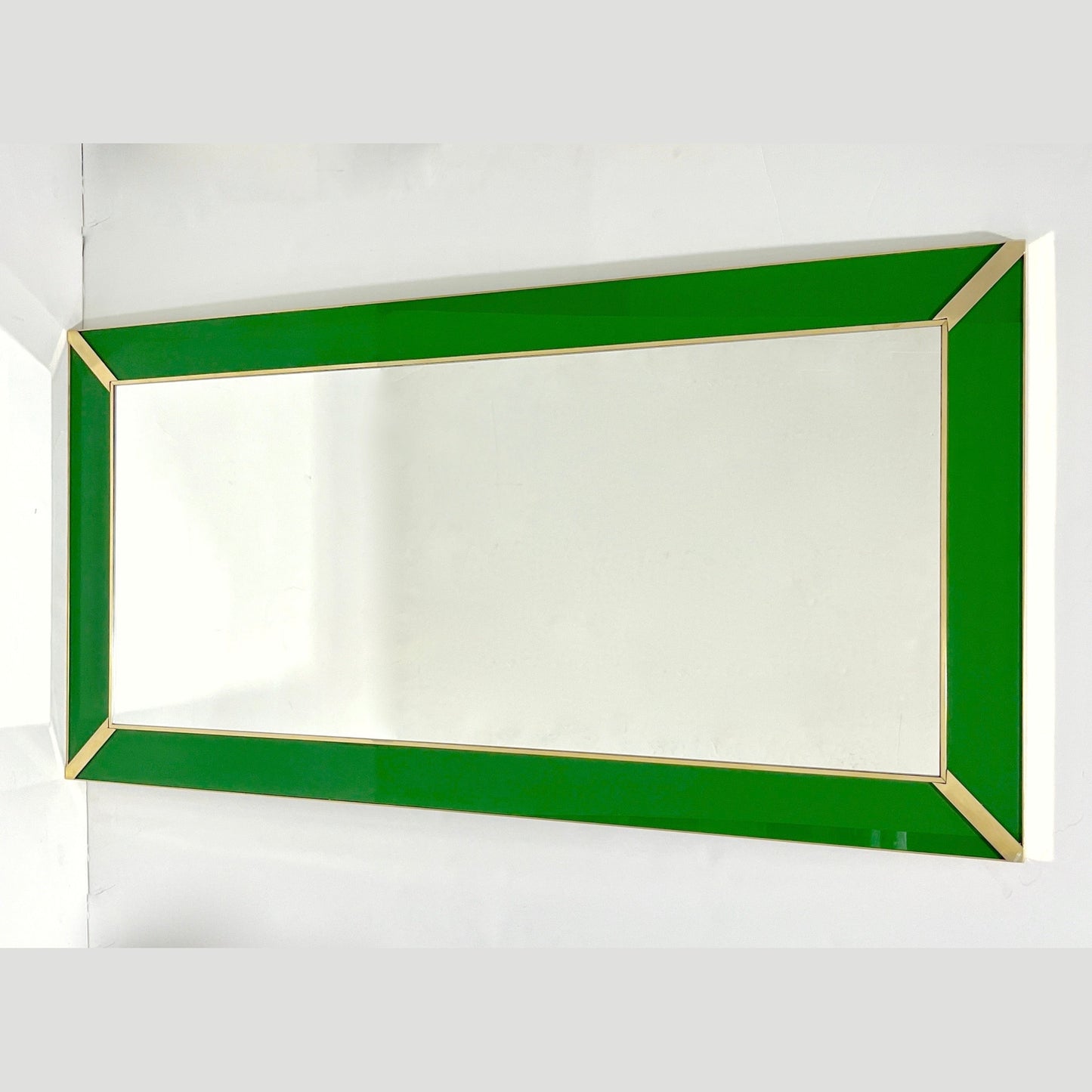 Contemporary Italian Minimalist Design Green Glass Mirror with Brass Accents