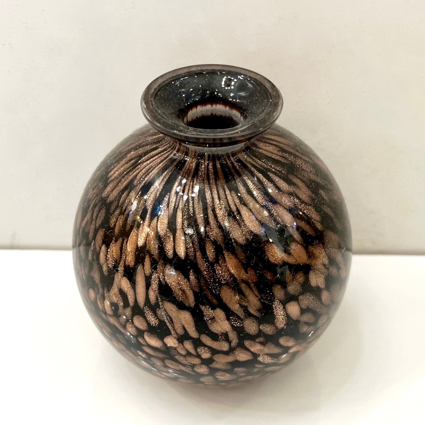 1991 Italian Murano Art Glass Black Copper Sommerso Single Flower Round Vase