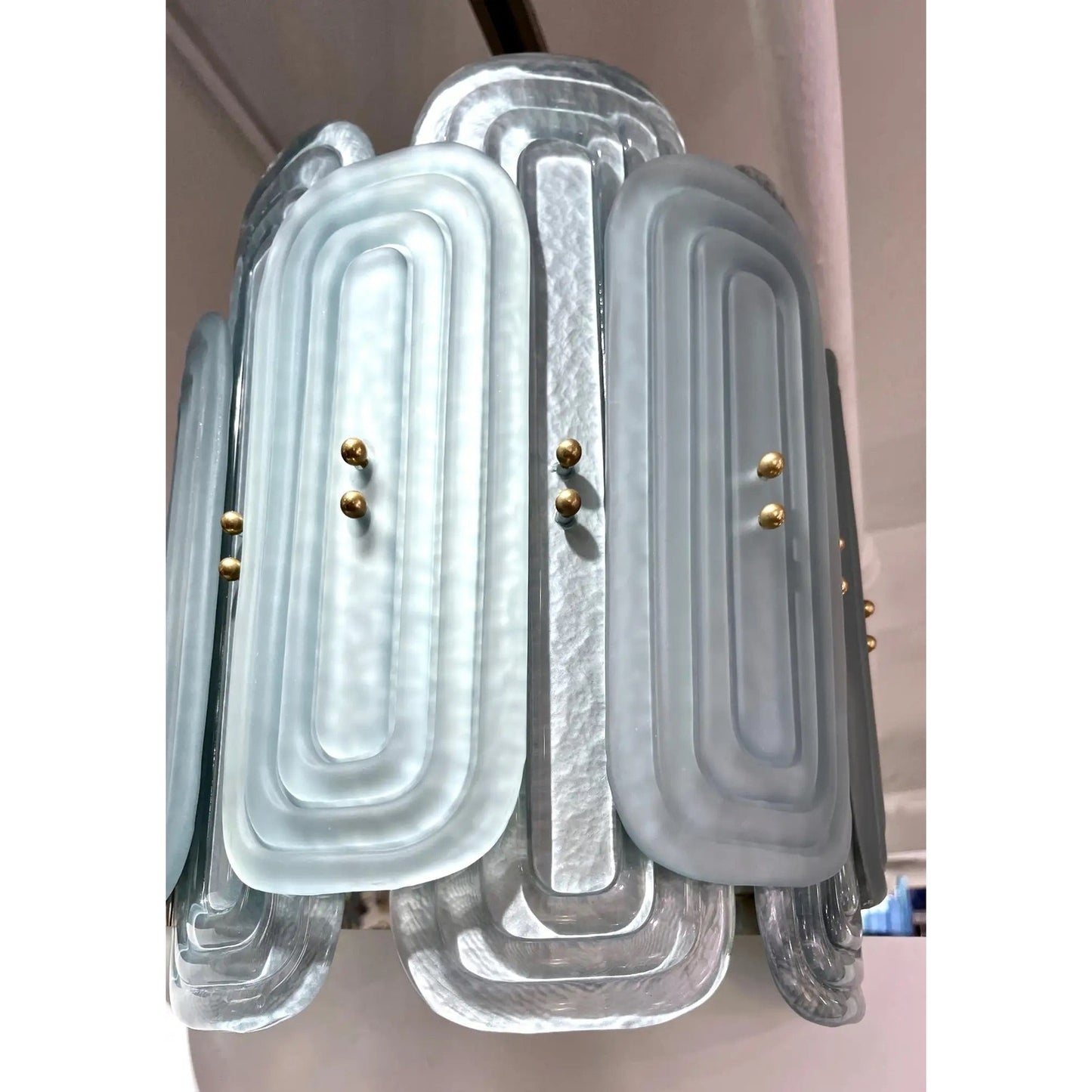 Italian Fontana Arte Style Pearl Aqua Blue Murano Glass Oval Brass Chandelier