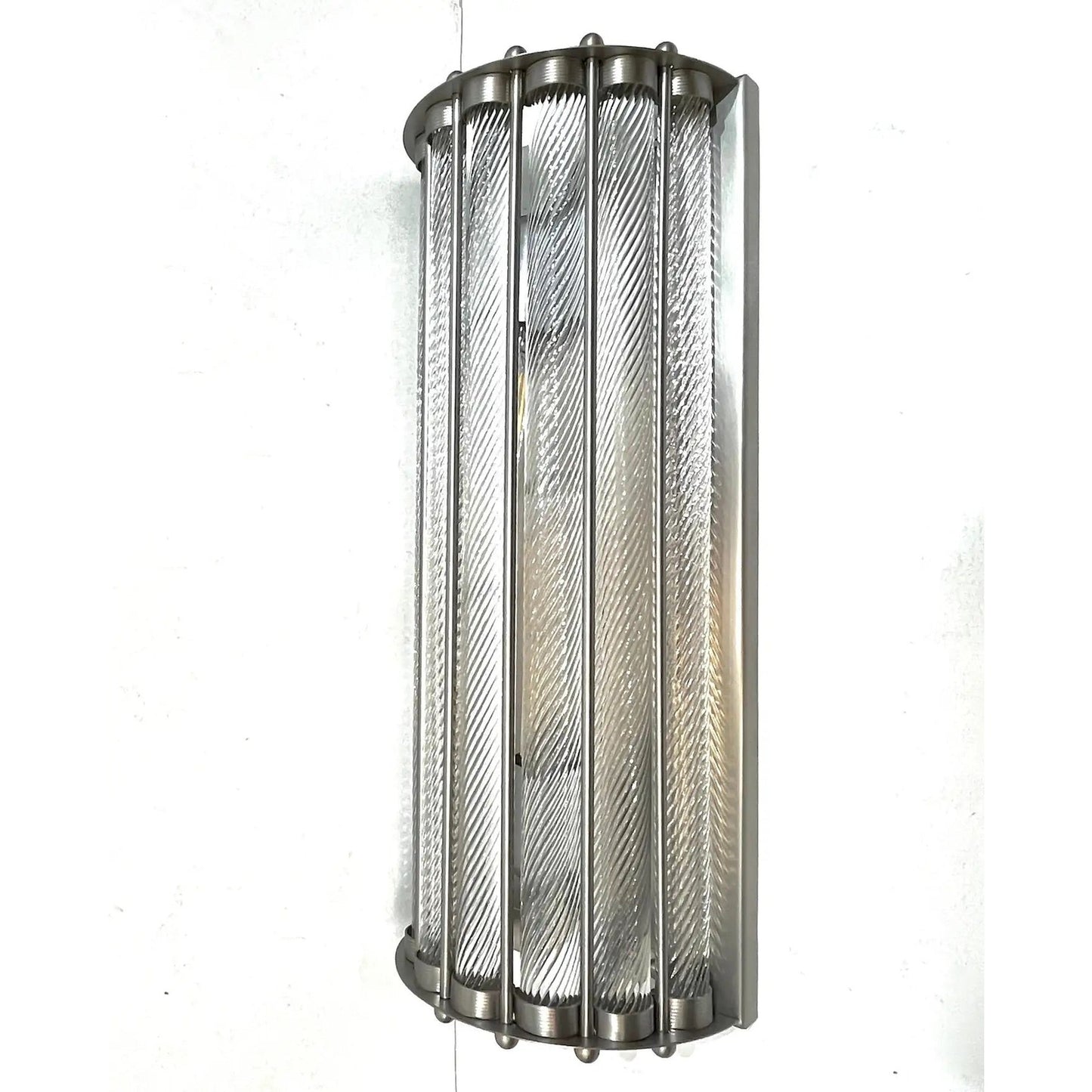 Italian Art Deco Design Pair Crystal Murano Glass Half Moon Satin Nickel Sconces