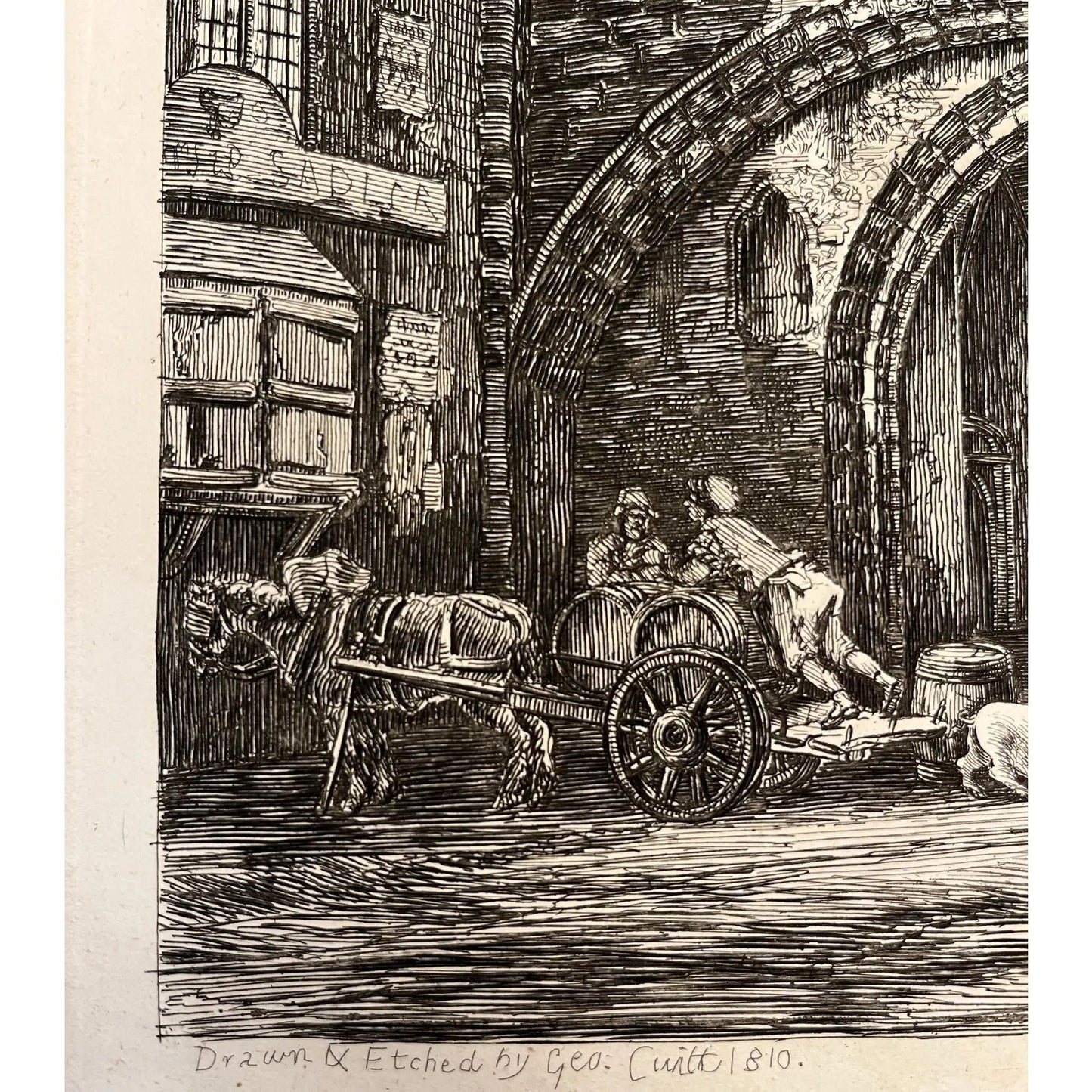 19th C. The Abbey Gate English Antique Gold Framed Green Mat Black White Etching