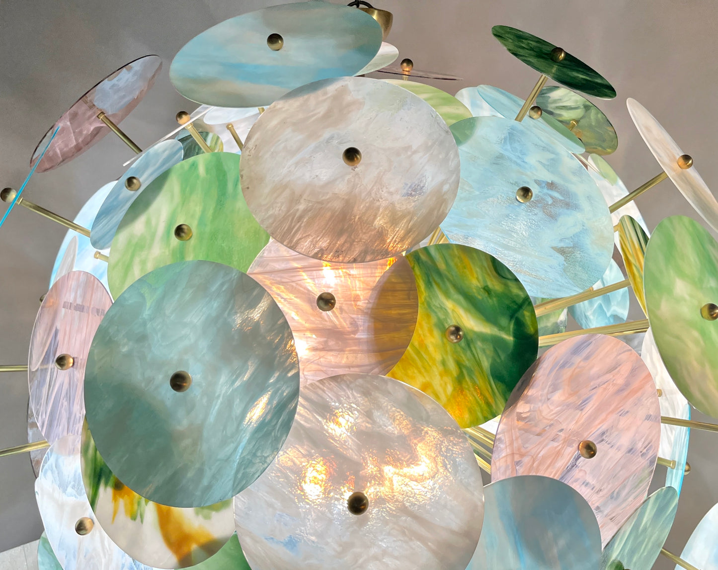 Italian Monumental Blue Pink Pastel Murano Glass Round Brass Sputnik Chandelier