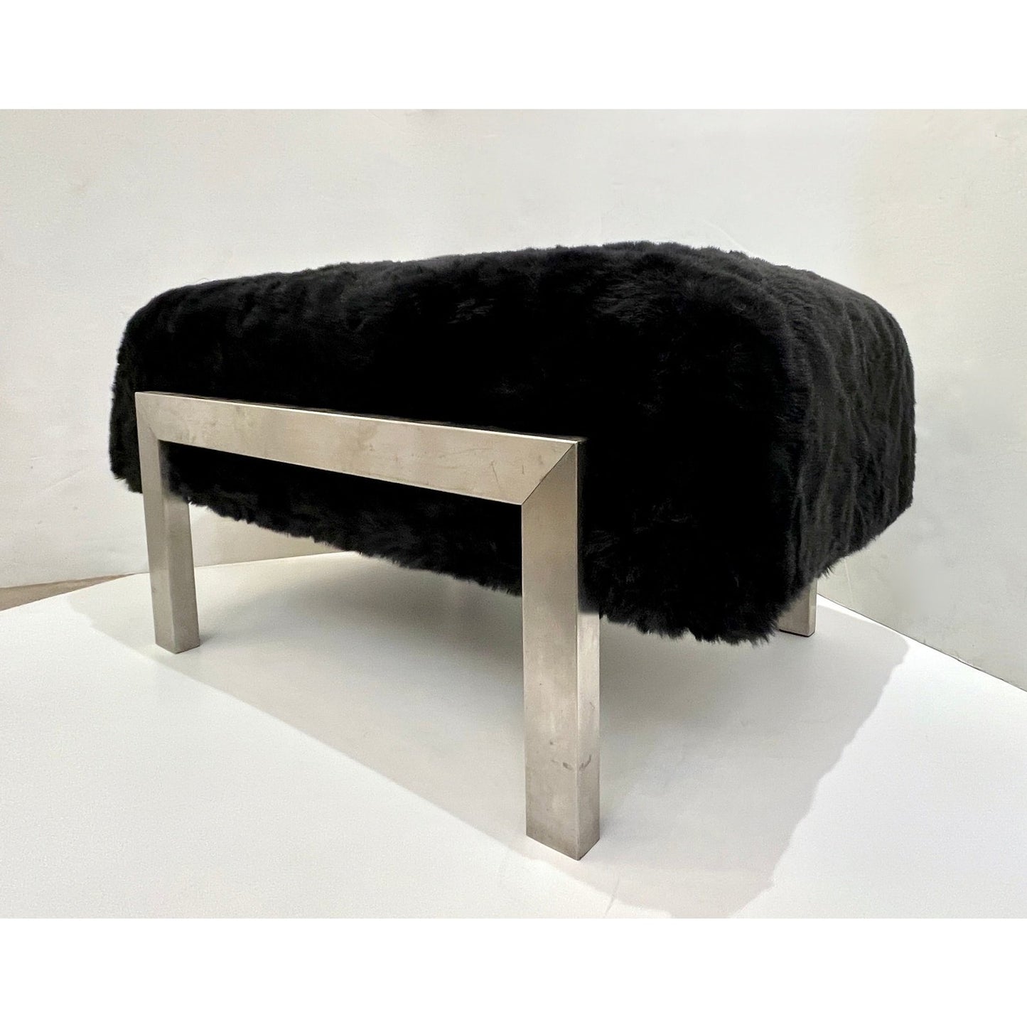 1970s Italian Vintage Black Faux Fur Steel Bed Stool Bench