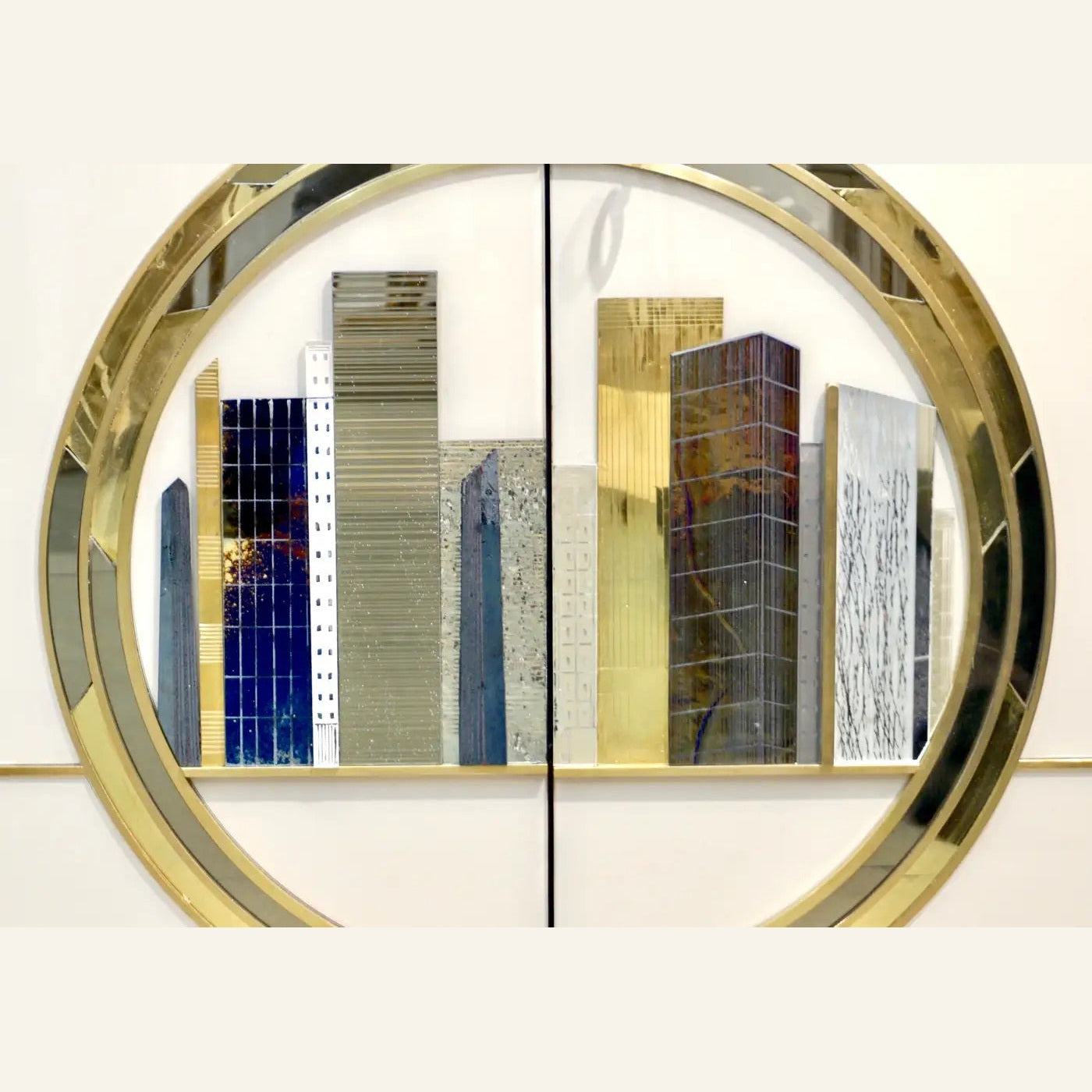 Italian Bespoke Modern Ivory Cabinets with Blue Gold Brass New York City Outline