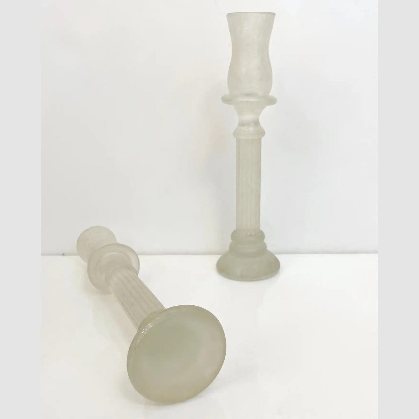 1950s Mid-Century Modern Italian White Grey Scavo Murano Glass Pair Candlesticks
