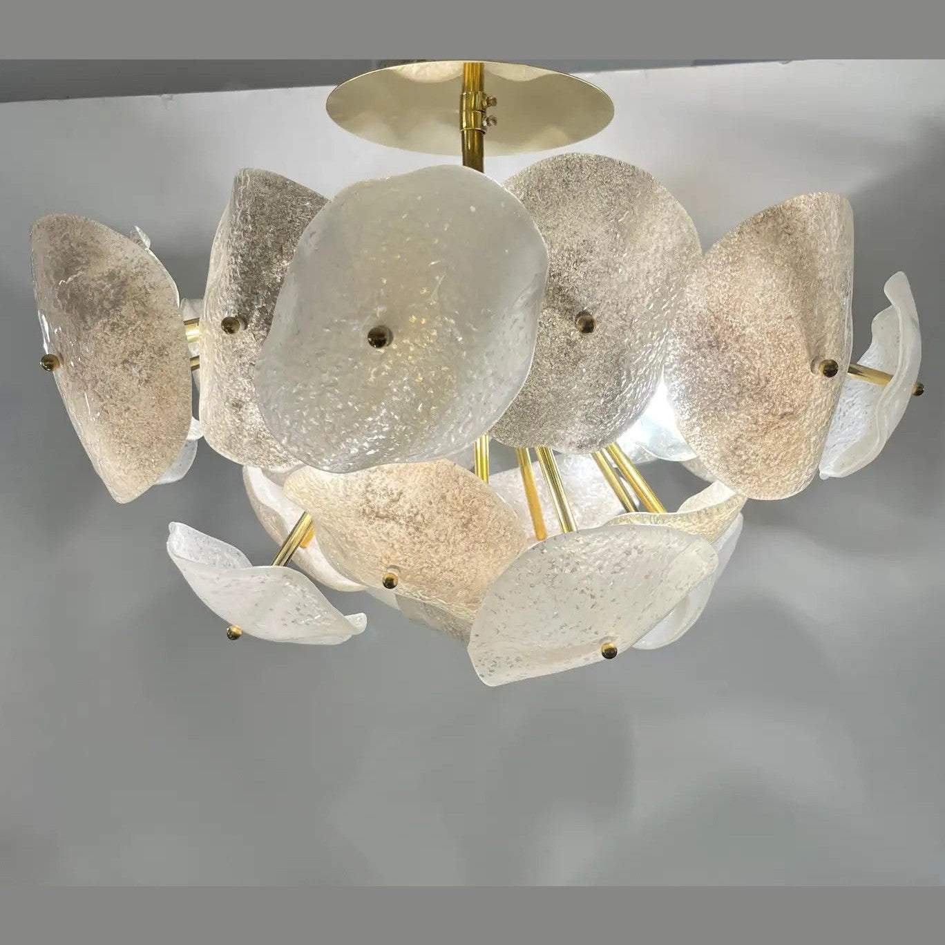 Modernist Italian Gray White Light Beige Murano Glass Leaf Sputnik Flush Mount
