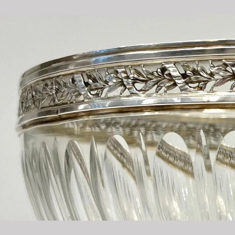Antique French Neoclassical Foliage Decor Silver Plated Rim Cut Crystal Bowl
