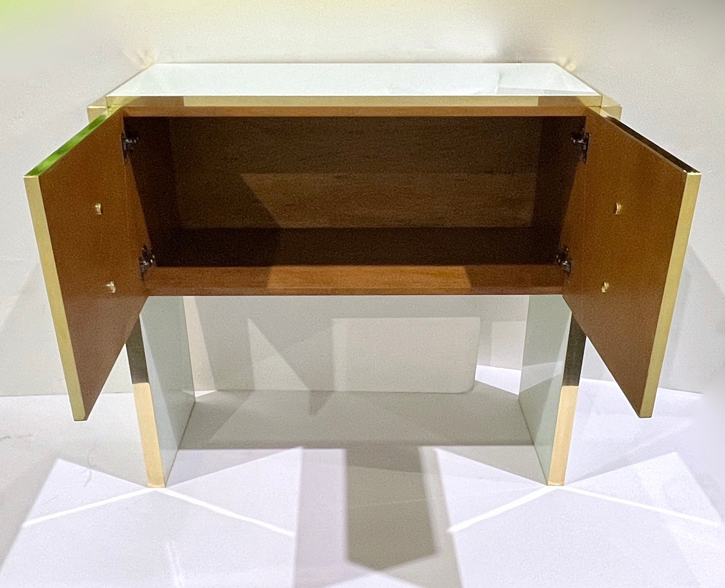 Modern Italian Custom Design Brass Edged Ivory White 2 Door Cabinet/Bar