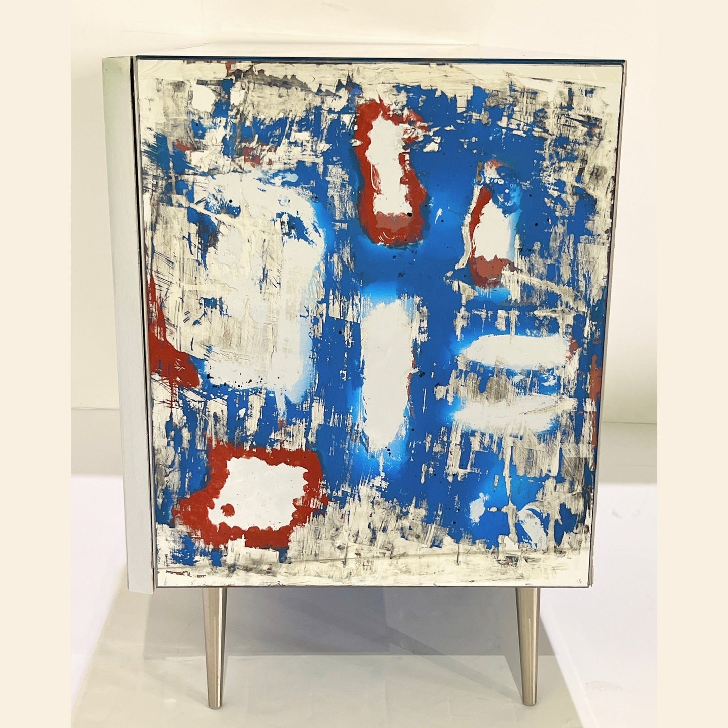 Italian Post Modern Abstract Art Blue Brown Satin Nickel Finish Mirror Cabinet