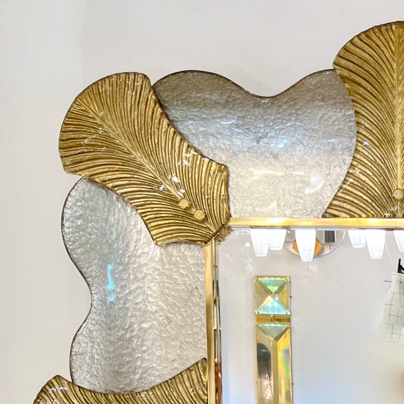Bespoke Italian Pair of Art Deco Style Curved Leaf Murano Glass Brass Mirror