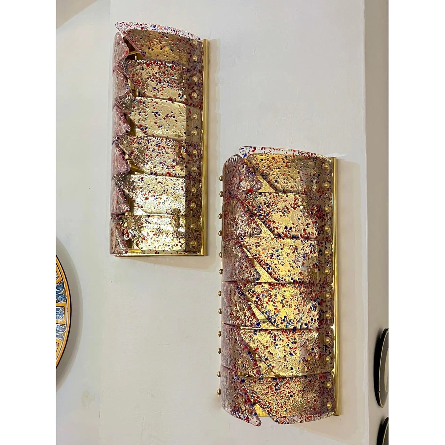 Vintage Italian Pair Polychrome Pattern Murano Glass Brass Sconces Flush Mounts