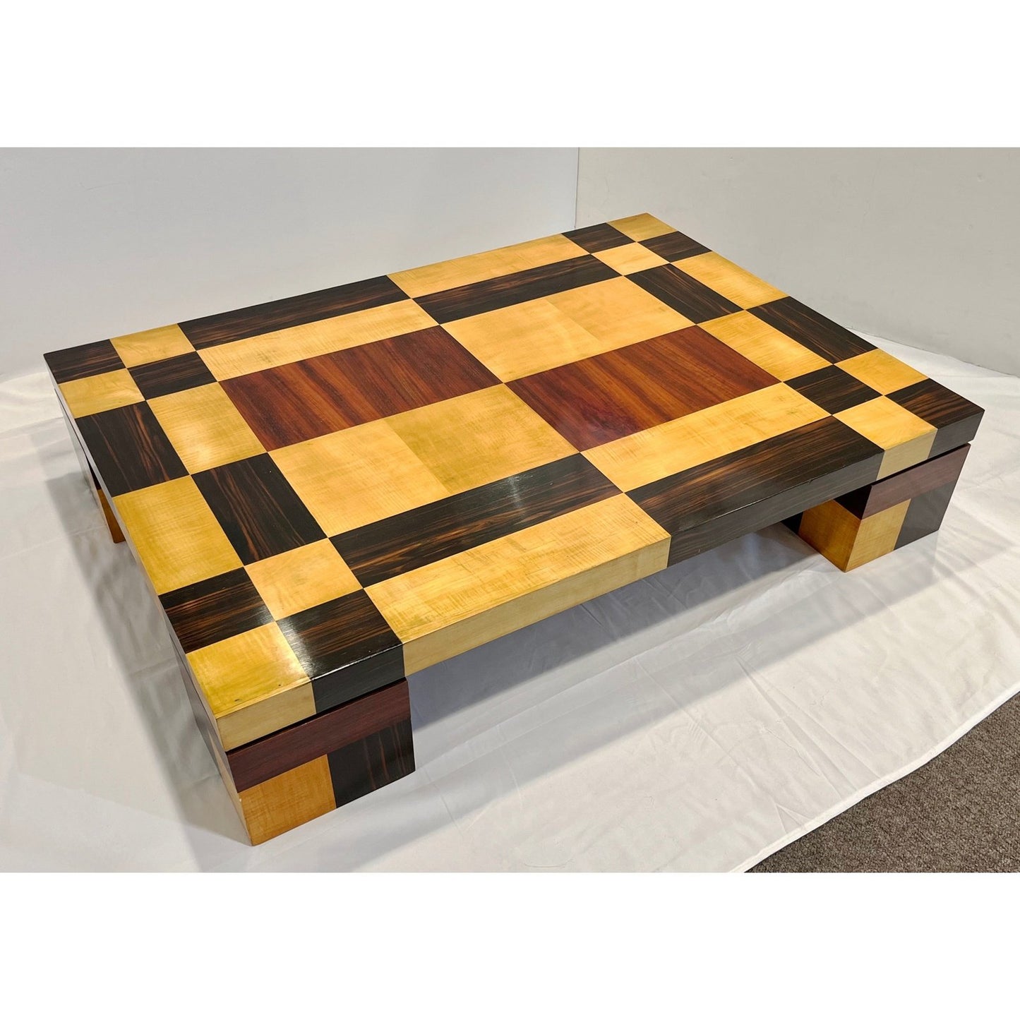 1970s Italian Vintage Walnut Cherrywood Maple Geometric Center Coffee Table