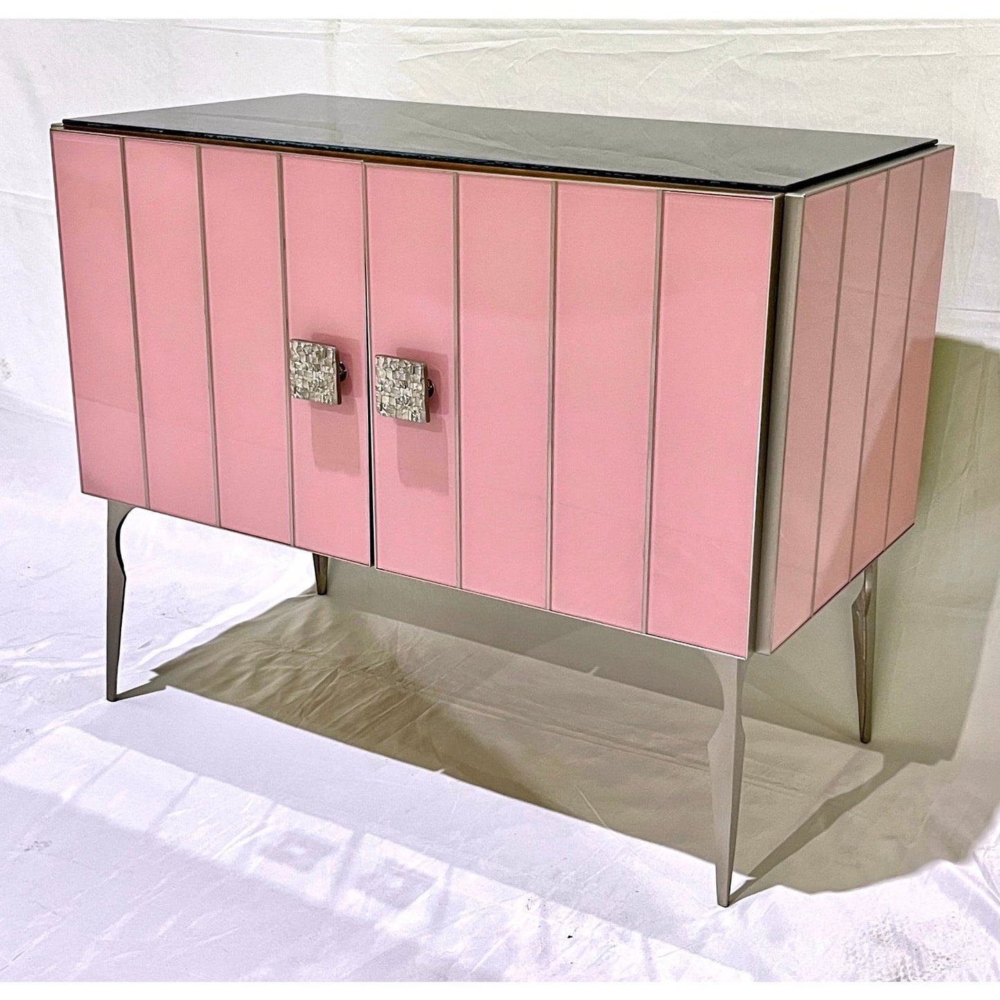Modern Italian Custom Art Deco Style Pink Black Glass Satin Nickel Cabinet /Bar
