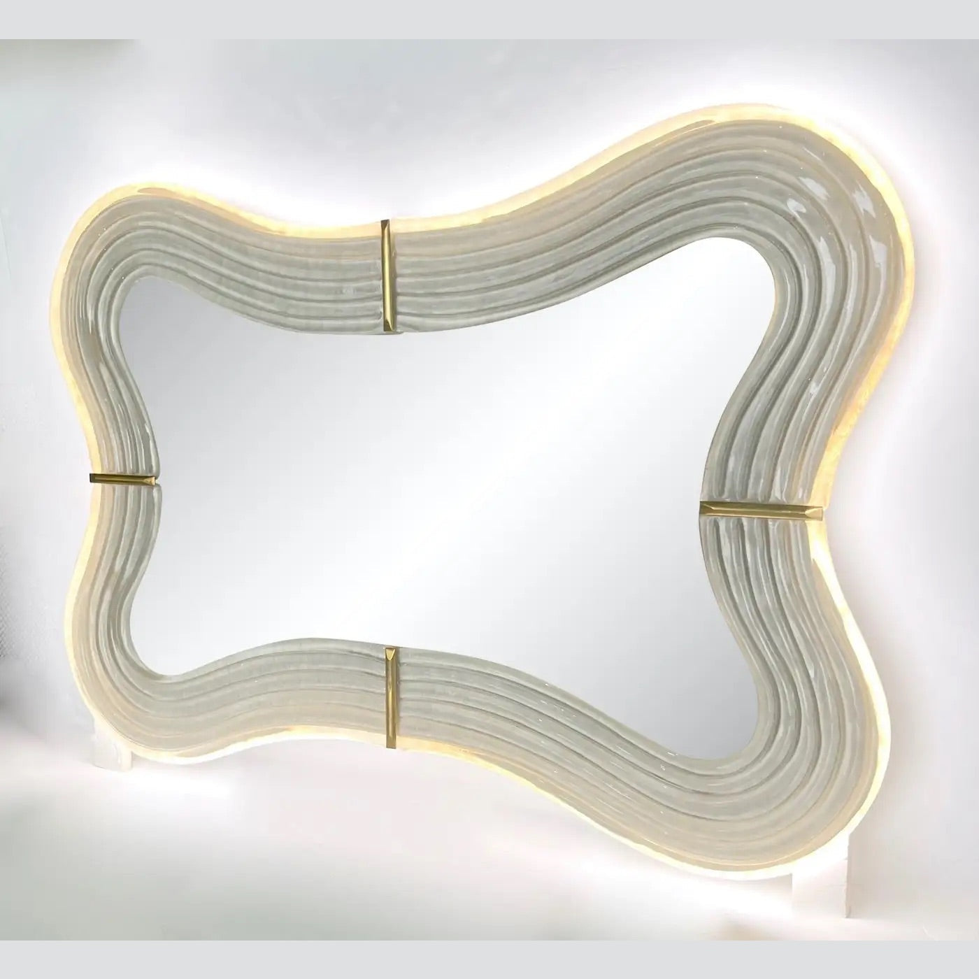 Contemporary Italian Pearl White Cream Murano Glass Brass Backlit Curved Mirror