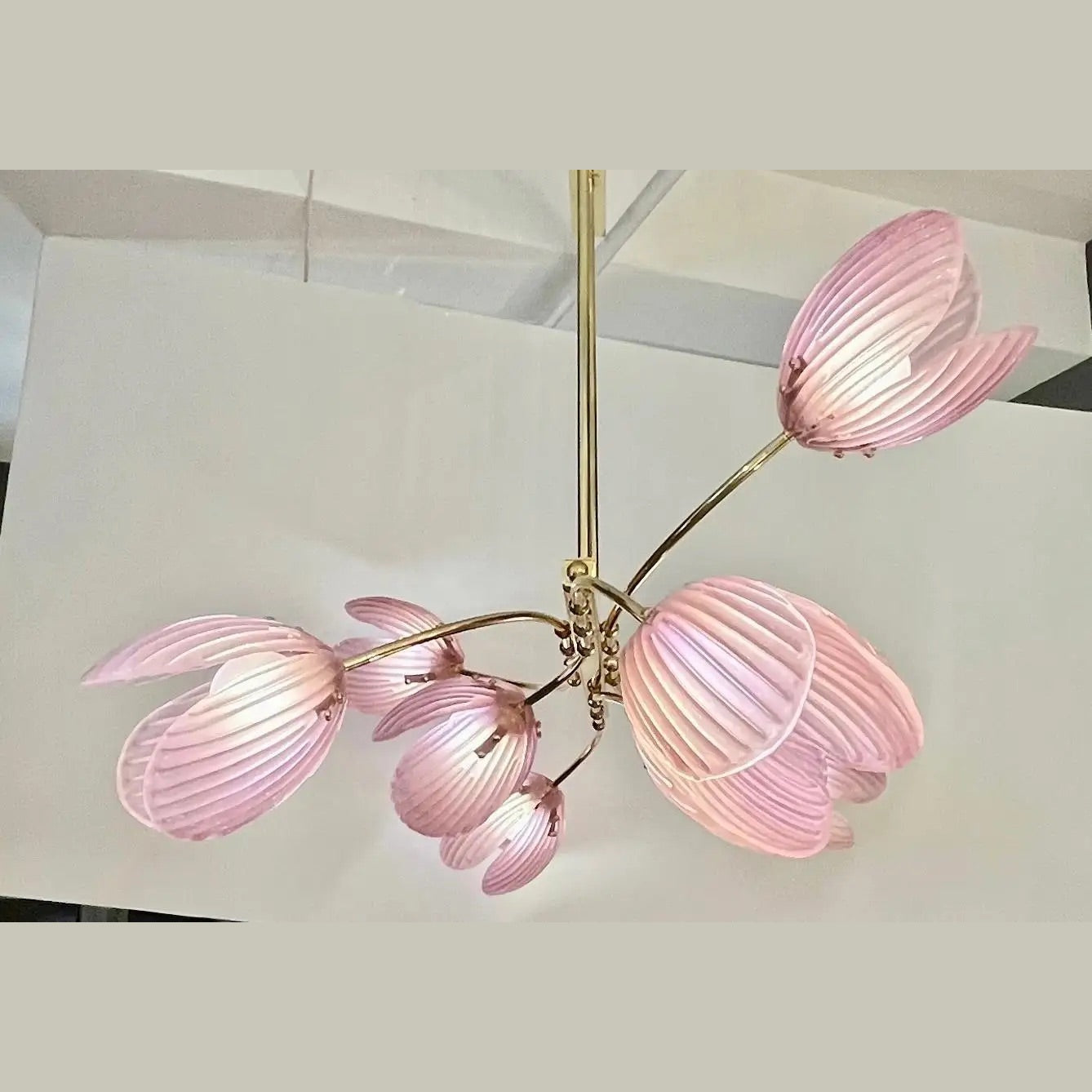 Modern Italian Pink Murano Glass Tulip Flower 8 Branch Airy Brass Chandelier