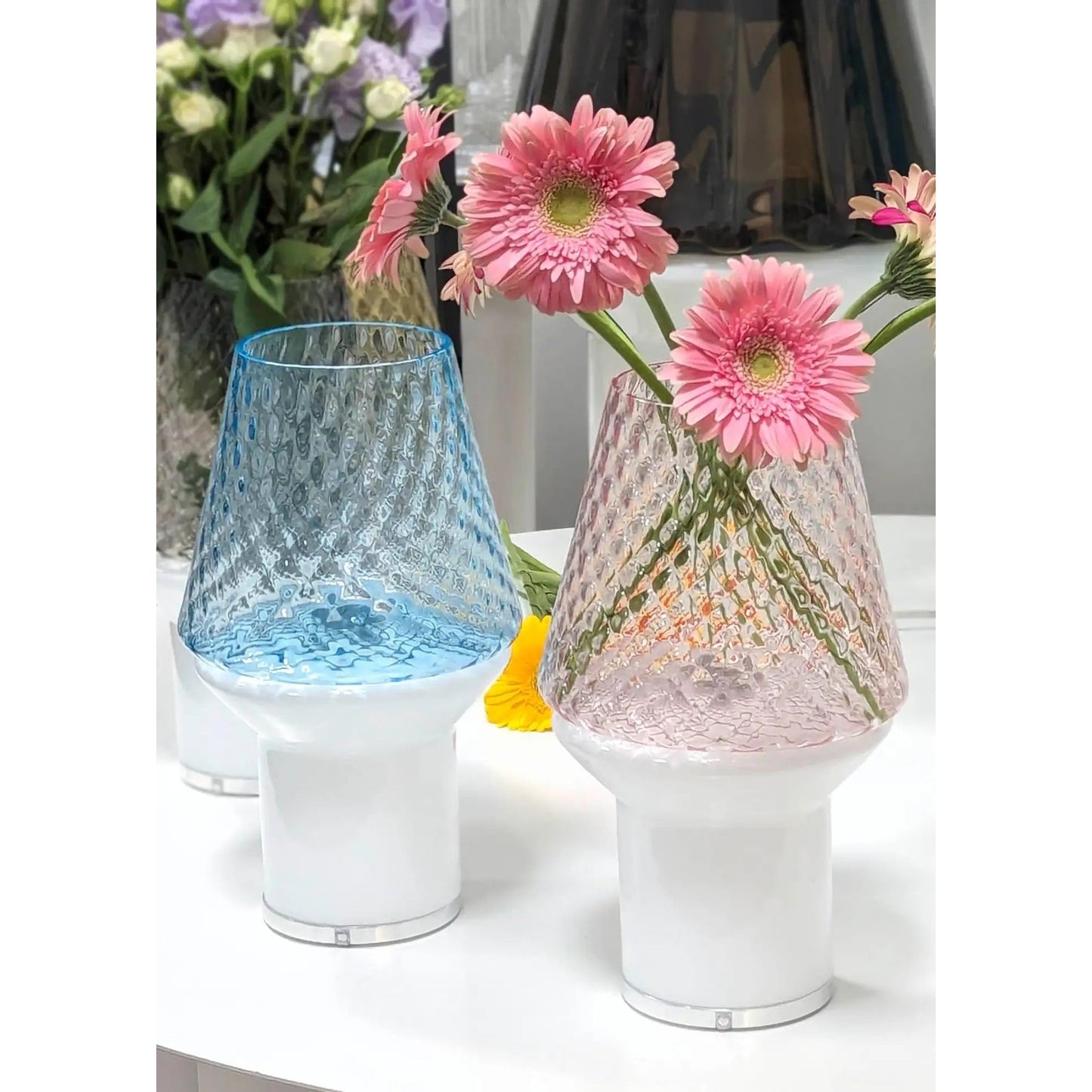 Italian Wireless Dimmable White Light Blue Glass Portable Table Lamp / Lit Vase