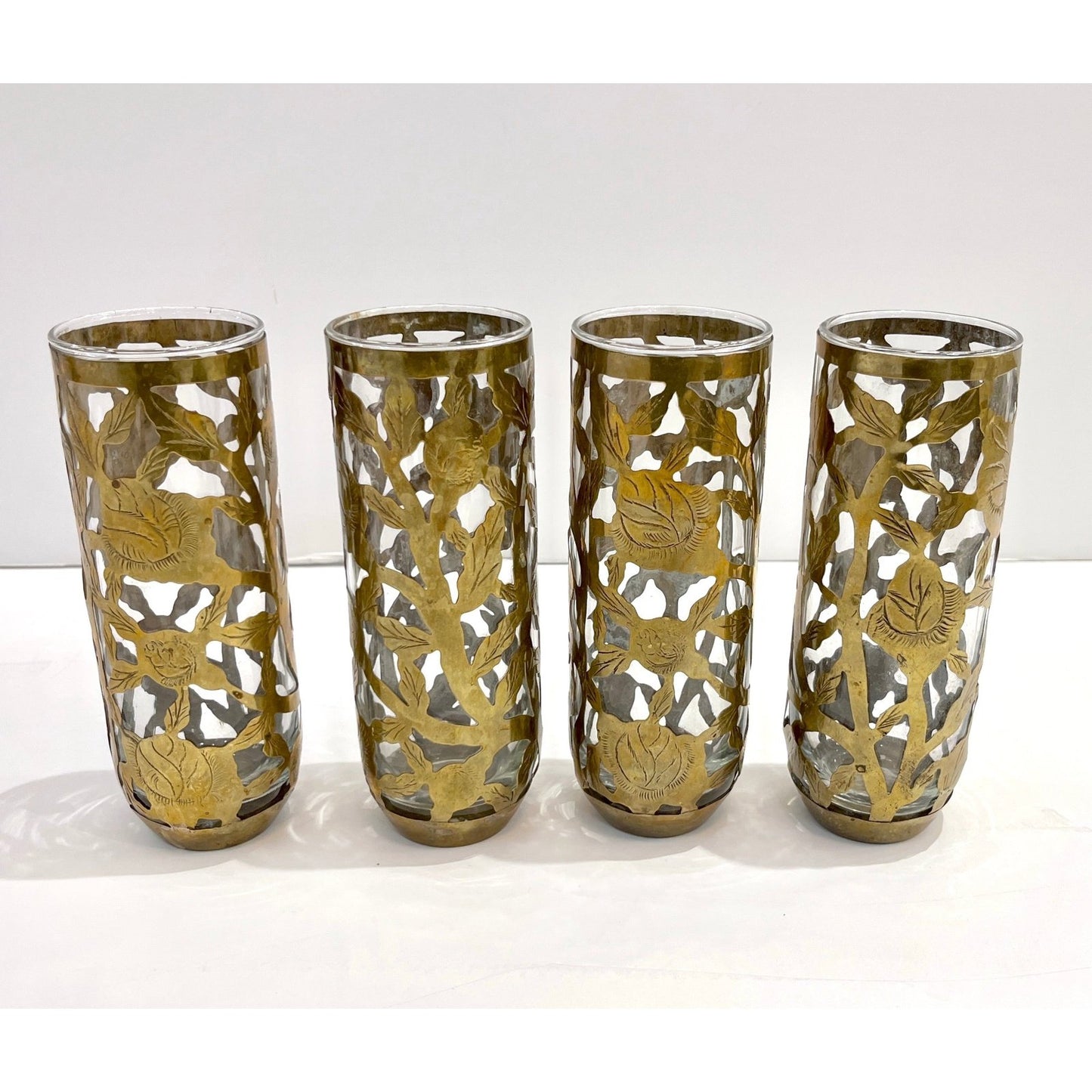 1960 Mexican Set 4 Drinking Glasses Encased in Etched Cutwork Floral Brass Decor