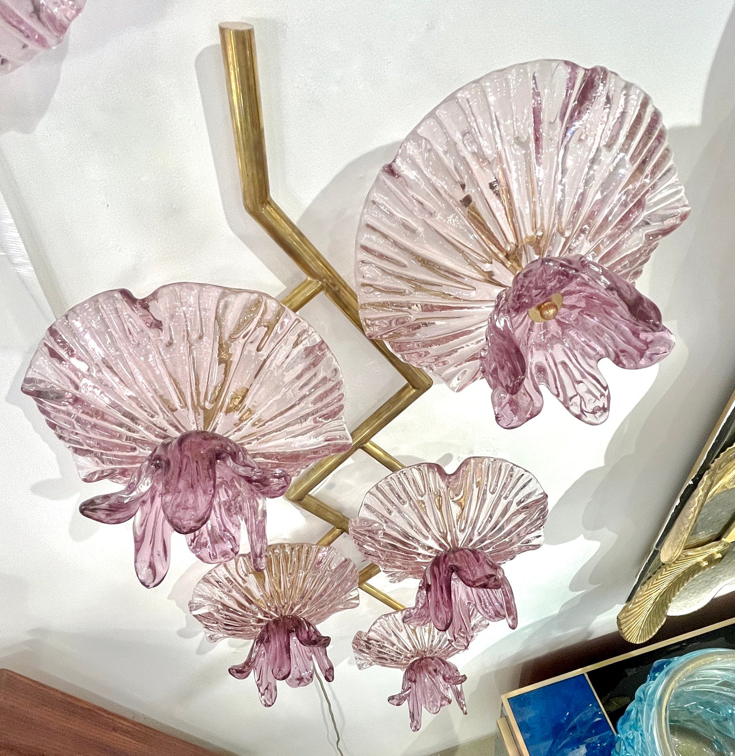 Italian Modern Pair of Pink Amethyst Murano Glass Flower Branch Wall Sconces