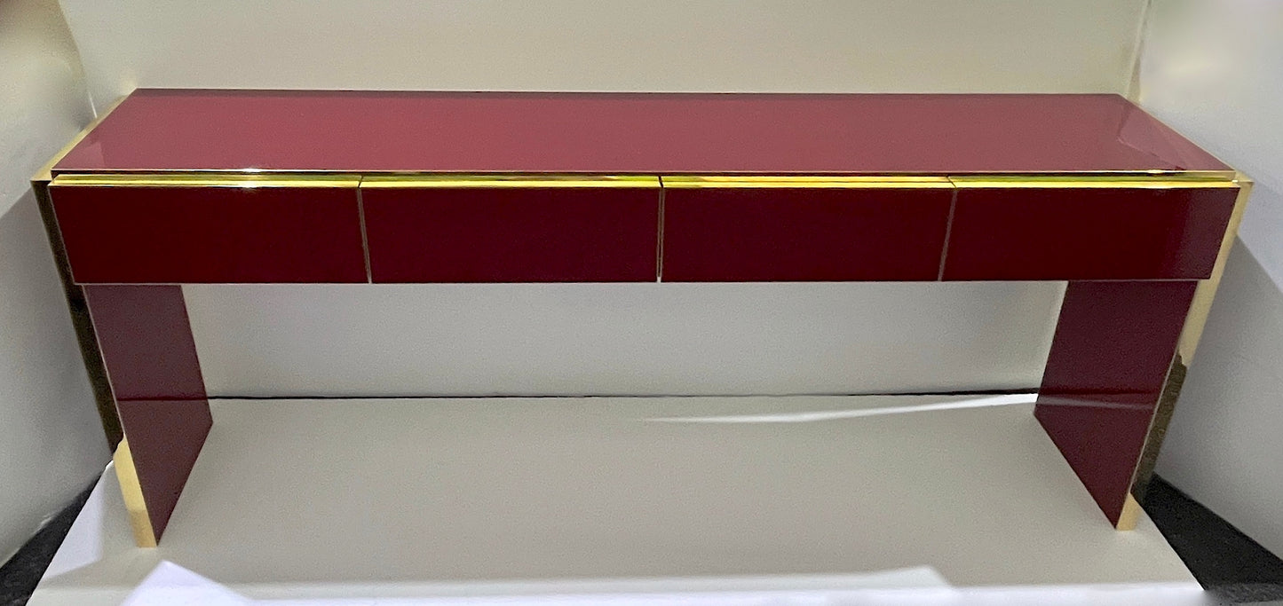 Bespoke Italian 4 Drawers Burgundy Wine & Brass Console Long Table/Sideboard