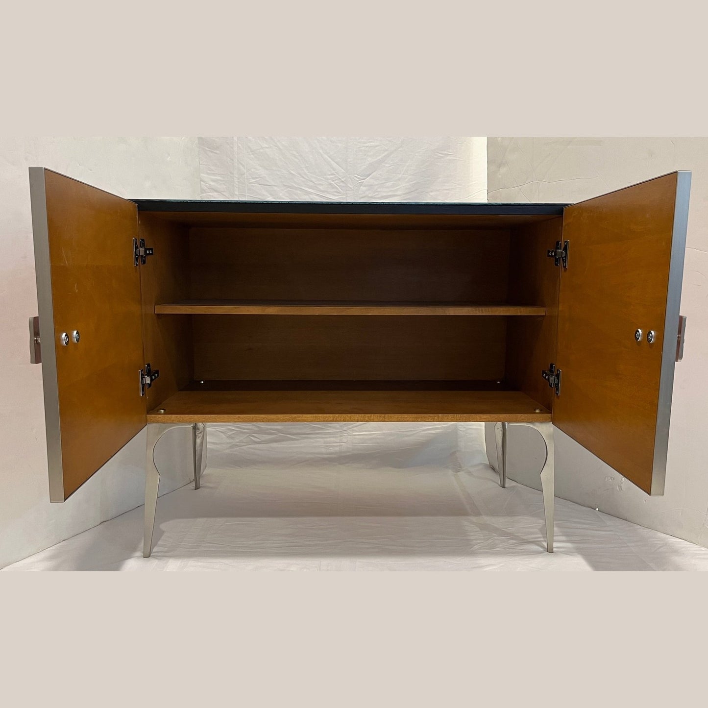 Modern Italian Art Deco Style Pink Black Stripe Glass Satin Nickel Cabinet /Bar
