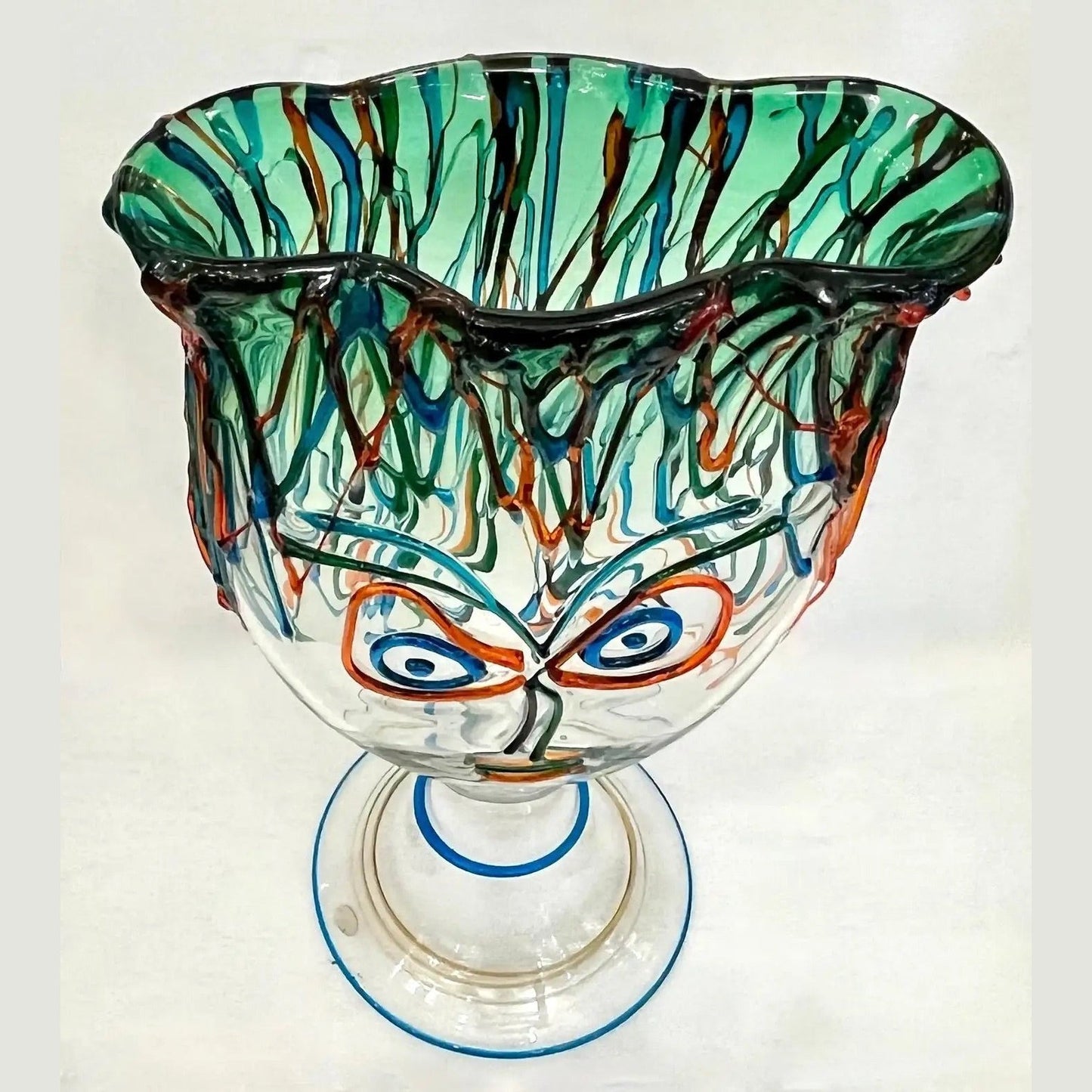 Luigi Mellara Picasso Homage Italian Green Blu Murano Glass Face Vase Sculpture