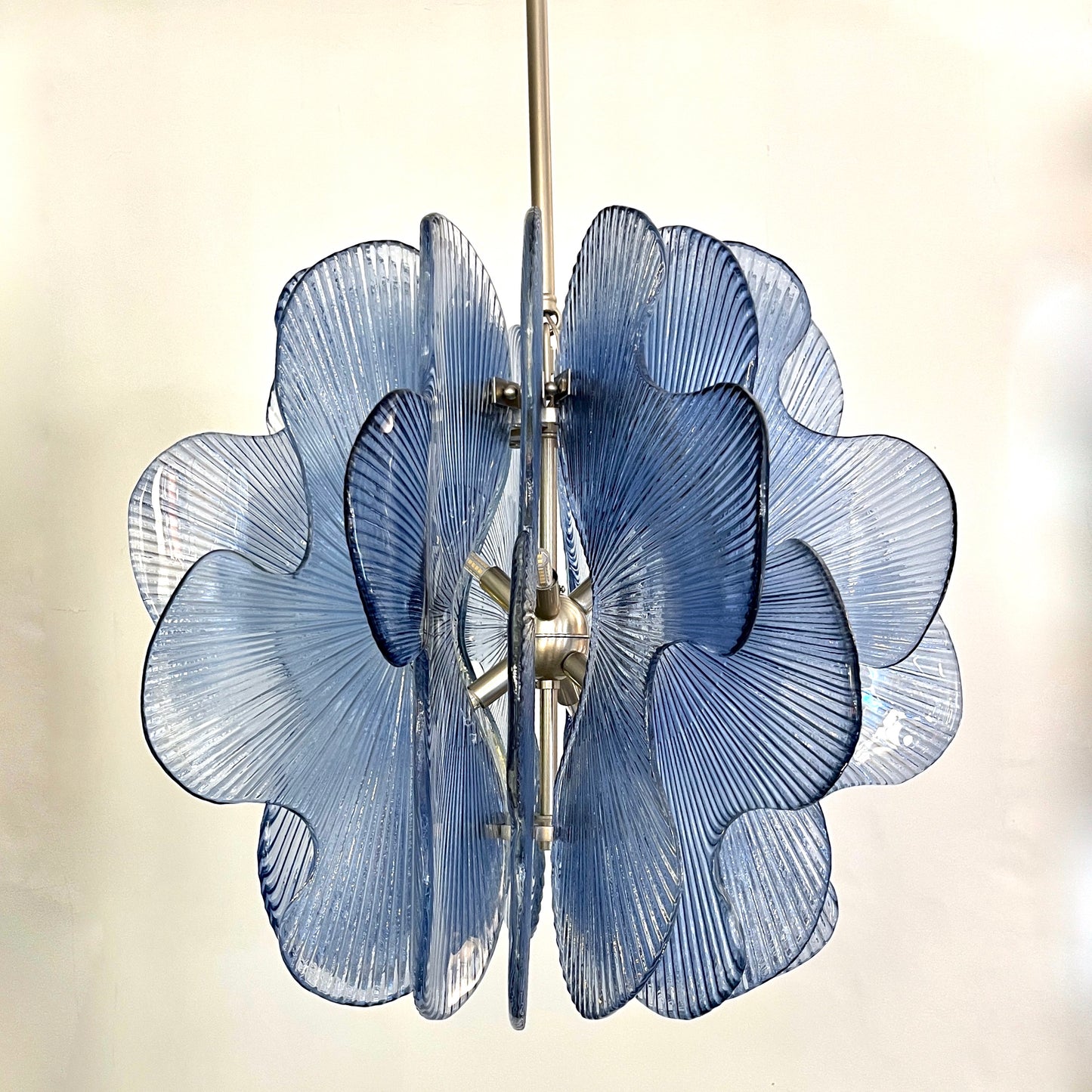 Modern Italian Wavy Blue Textured Murano Glass Satin Nickel Pendant/Chandelier