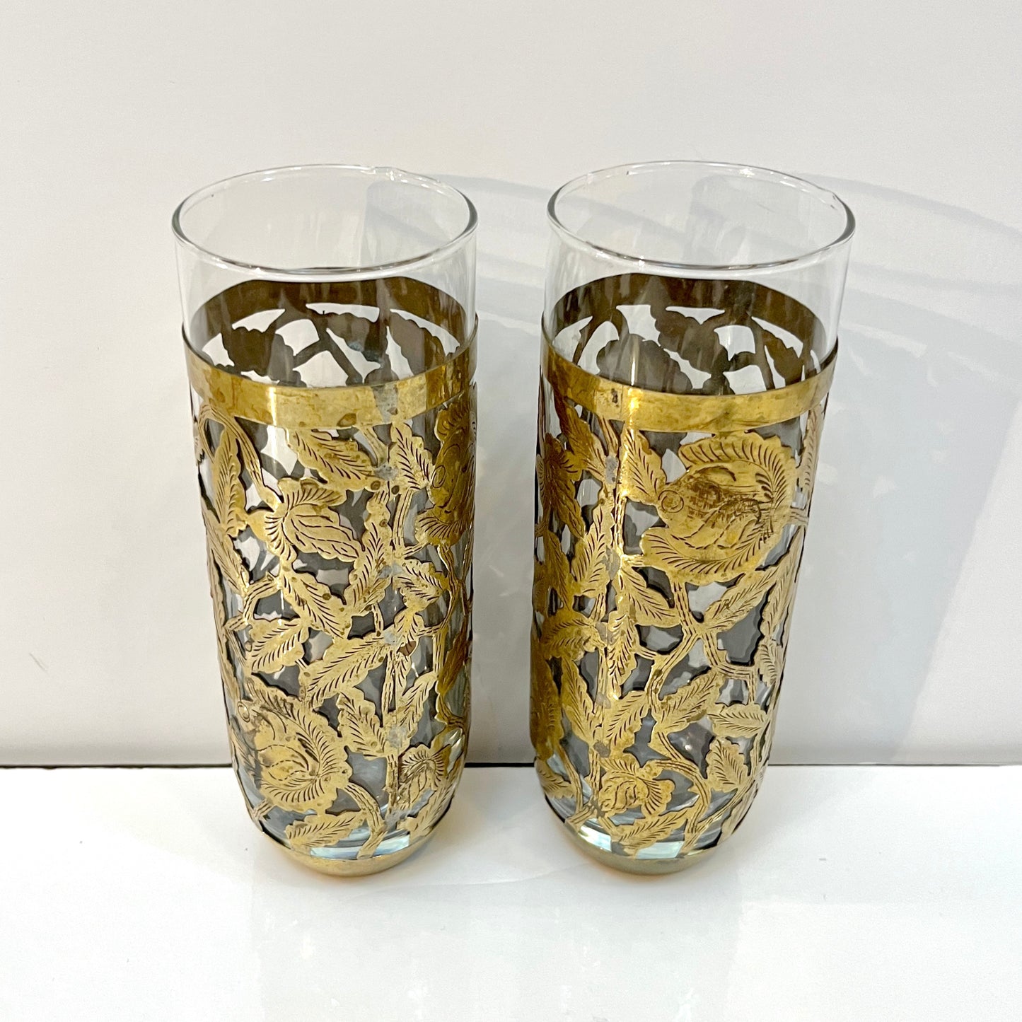 1960s Mexican Pair Drinking Glasses Encased in Etched Cutwork Floral Brass Decor