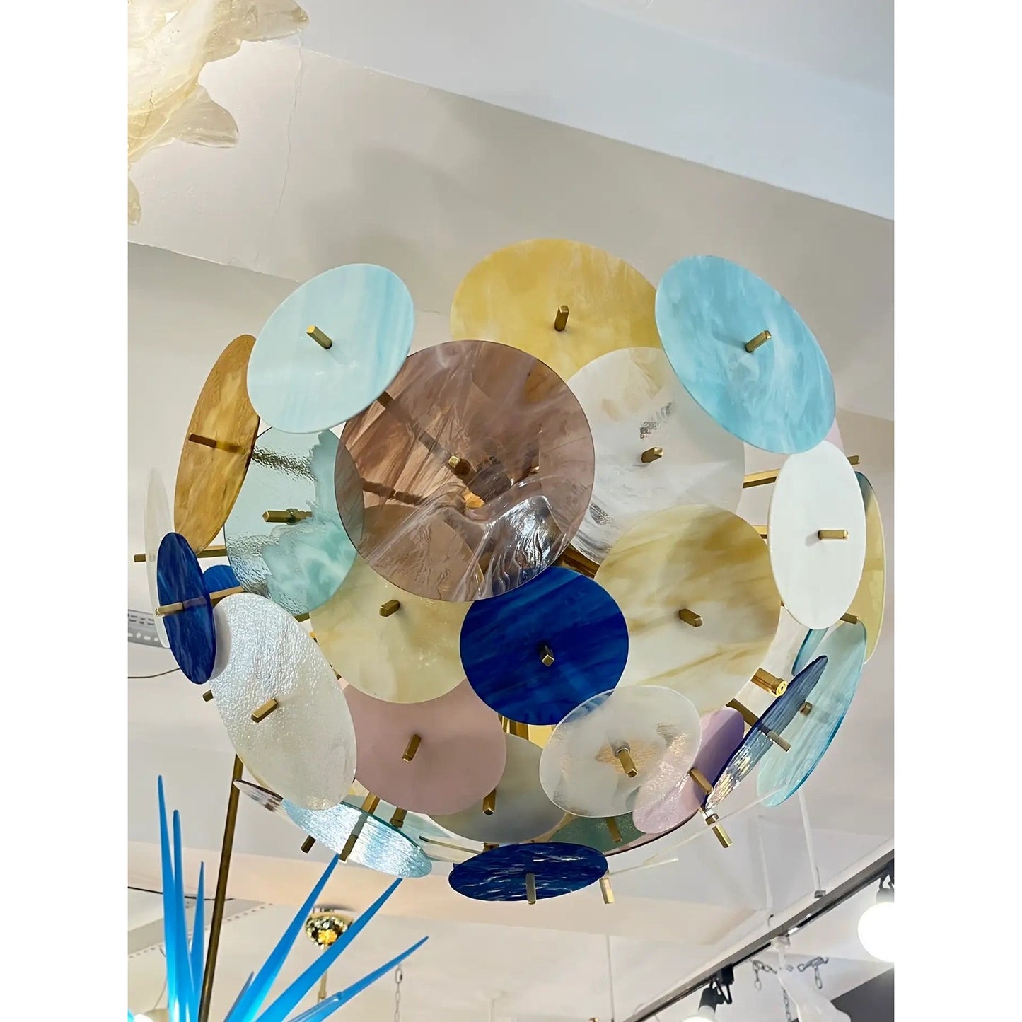 Contemporary Italian Amber White Aqua Vivid Blue Murano Glass Sputnik Flushmount