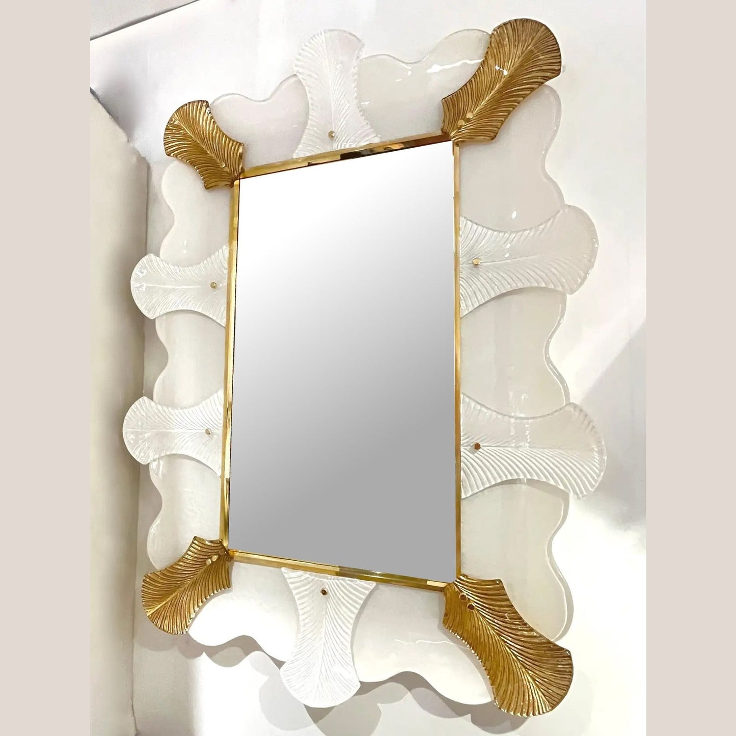 Bespoke Italian Art Deco Style Curved Leaf White Gold Murano Glass Brass Mirror