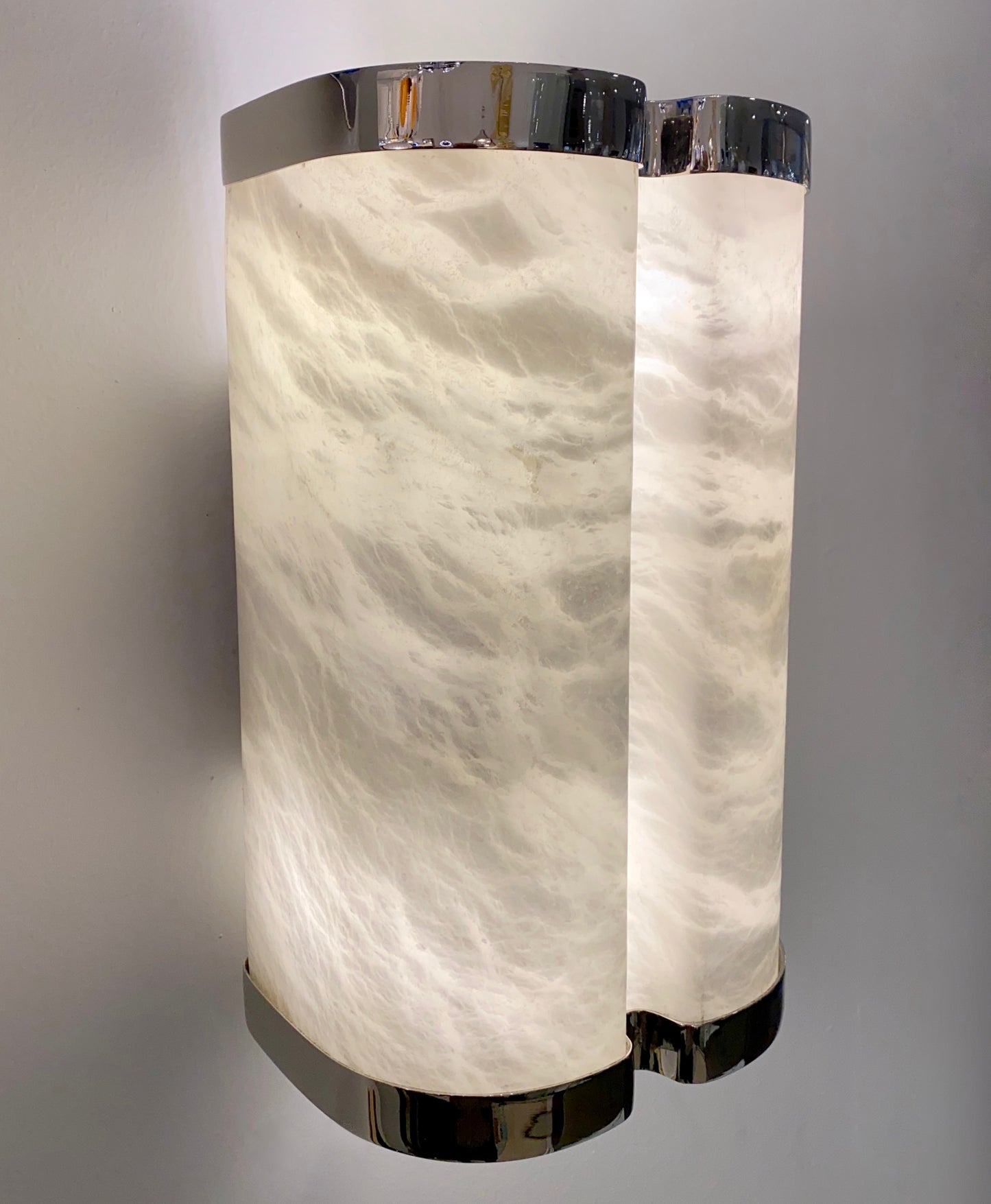 Bespoke Italian Art Deco Style Cream White Alabaster Nickel Pair Curved Sconces