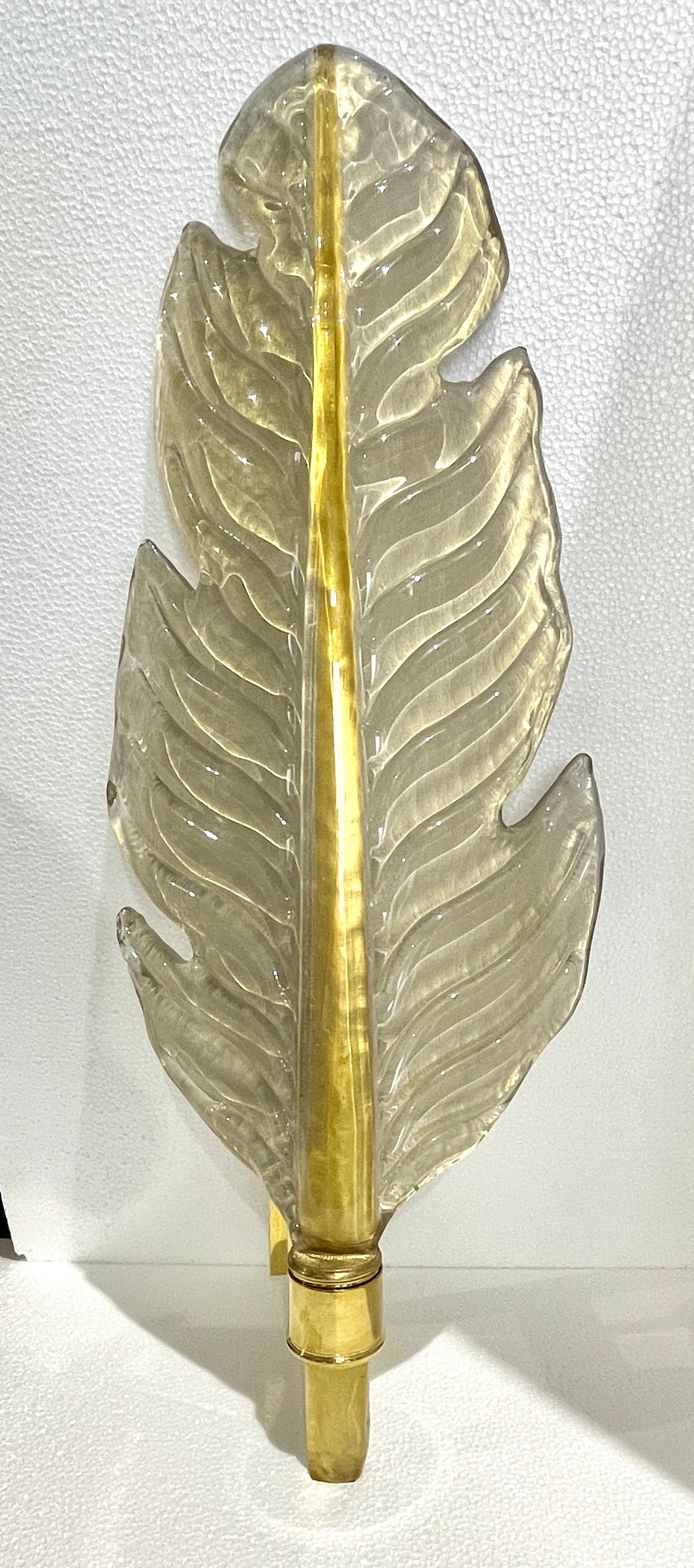 Contemporary Italian Art Deco Pair of Amber Gold Murano Glass Brass Leaf Sconces