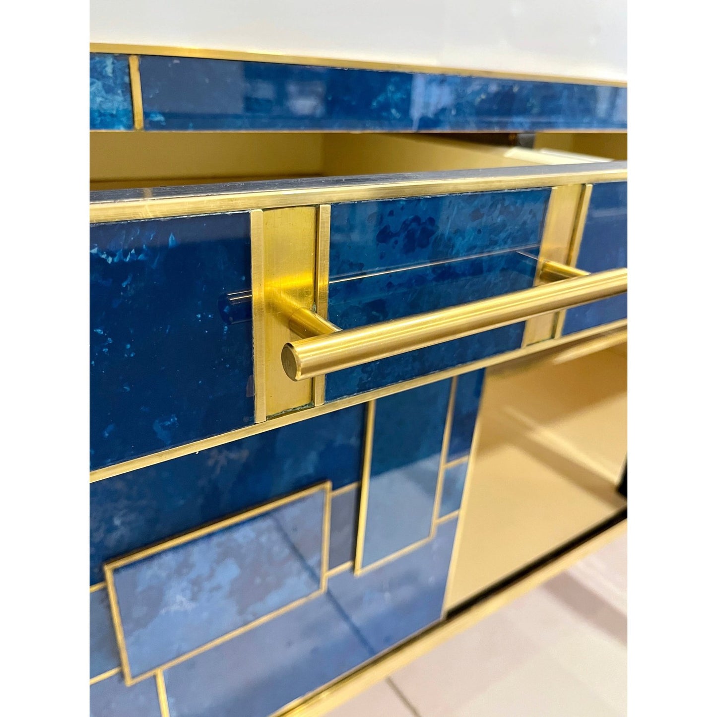 1980s Italian Post Modern Vintage Blue Black Brass 3-Door 3-Drawer Cabinet